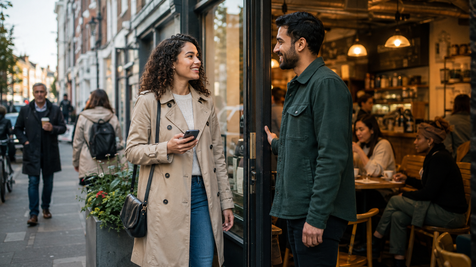 Couple meeting outside a busy café for a first date