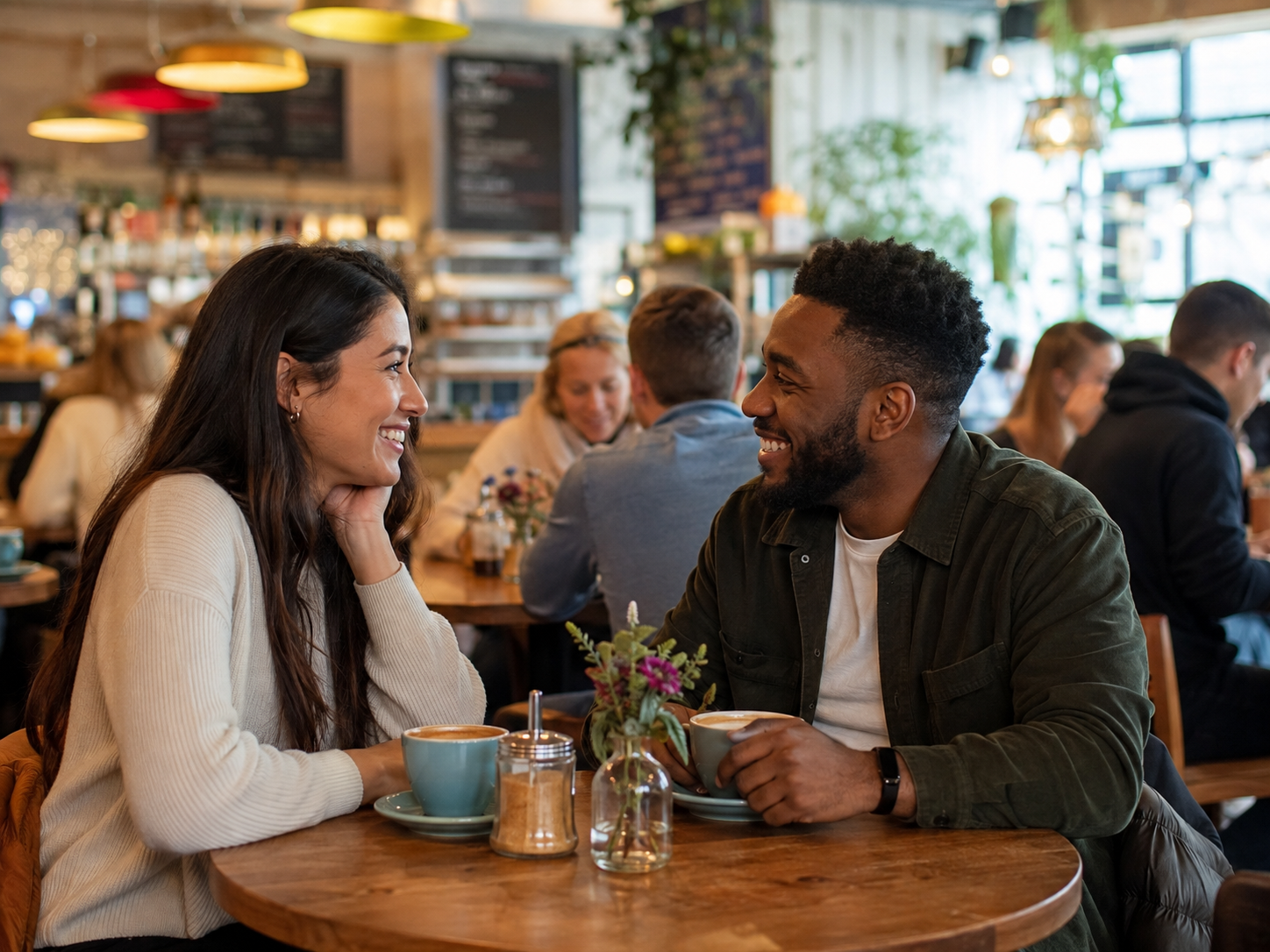 Couple enjoying a relaxed and safe first date in a busy public venue