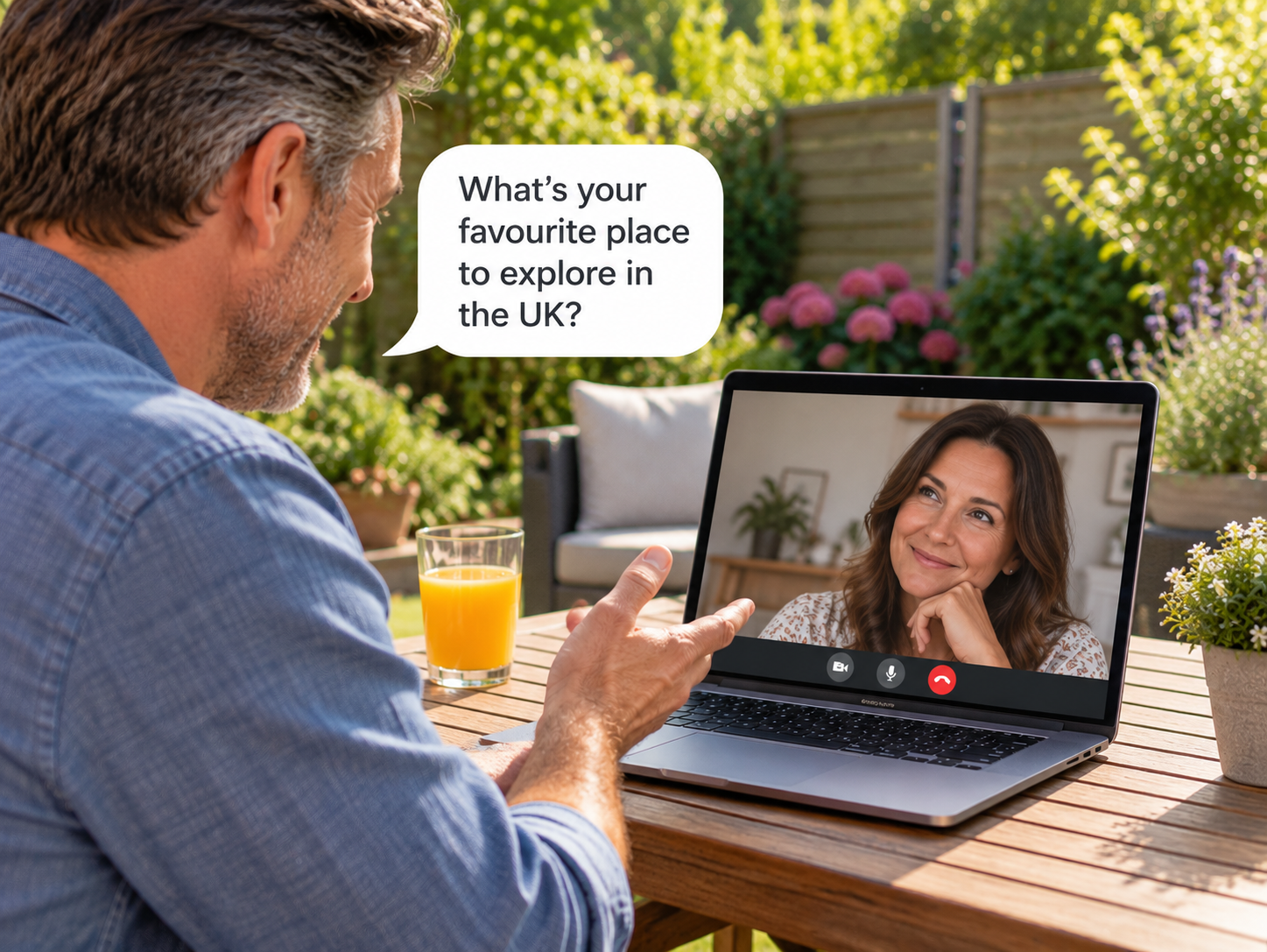 Man video chatting in his garden on a laptop and asking a thoughtful question while the woman listens and thinks about her answer