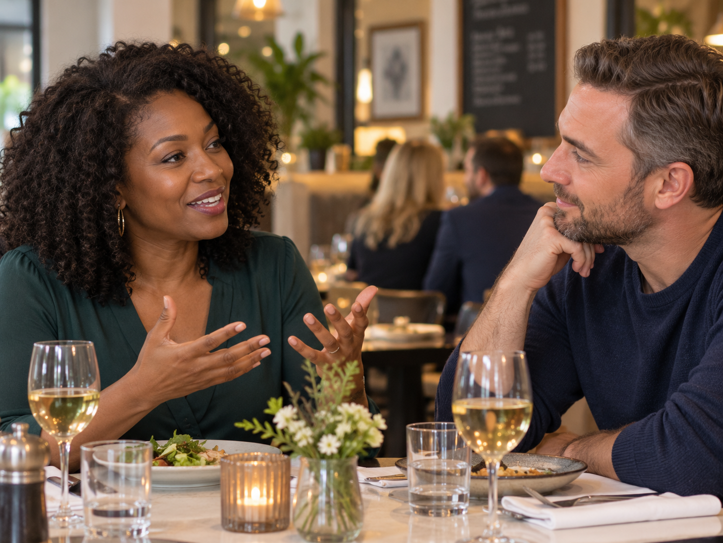 Black woman talking and white man listening during a first-date conversation in a restaurant.