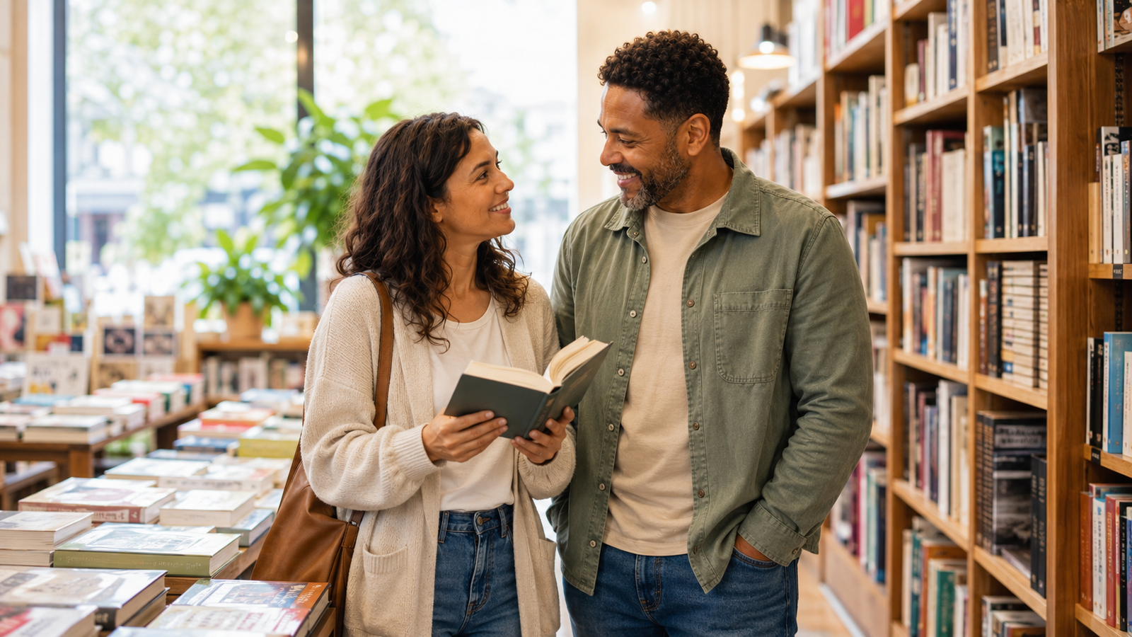 A smiling couple spend time together in a bright bookshop, talking naturally while looking through a book. The image reflects positive dating green flags such as attentiveness, shared interests, comfortable conversation and genuine enjoyment of each other’s company.