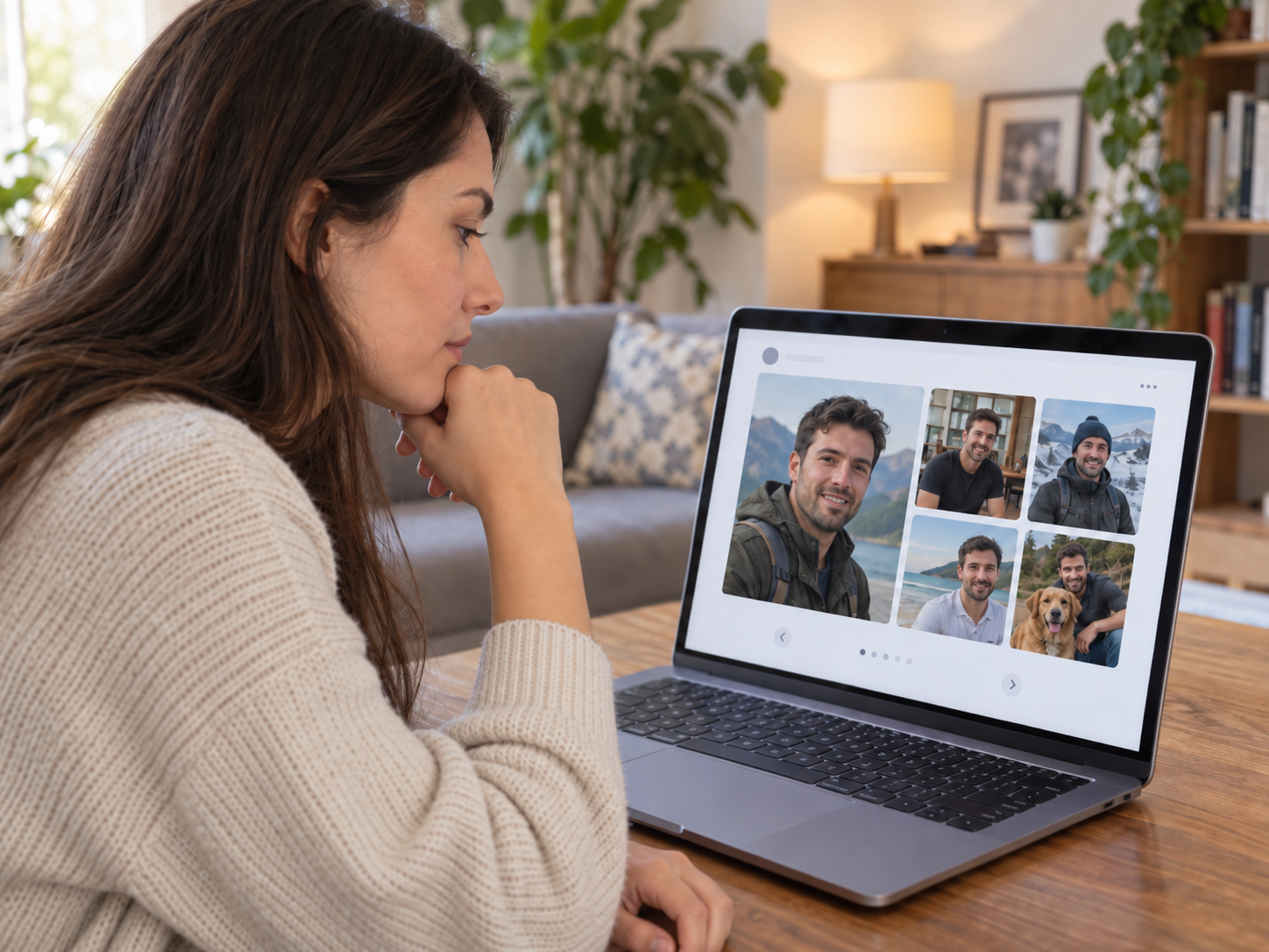 Woman reviewing several photos on a man’s dating profile to check whether the images appear consistent and genuine.