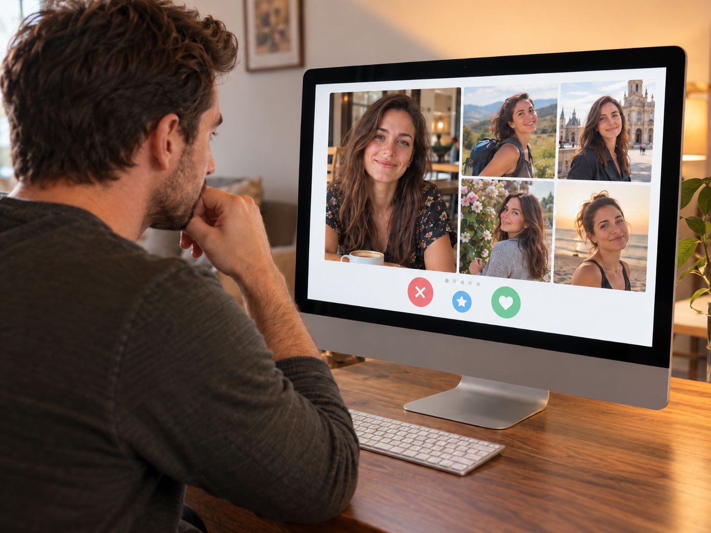 Man comparing several photos on a woman’s dating profile to check whether the images look consistent and genuine