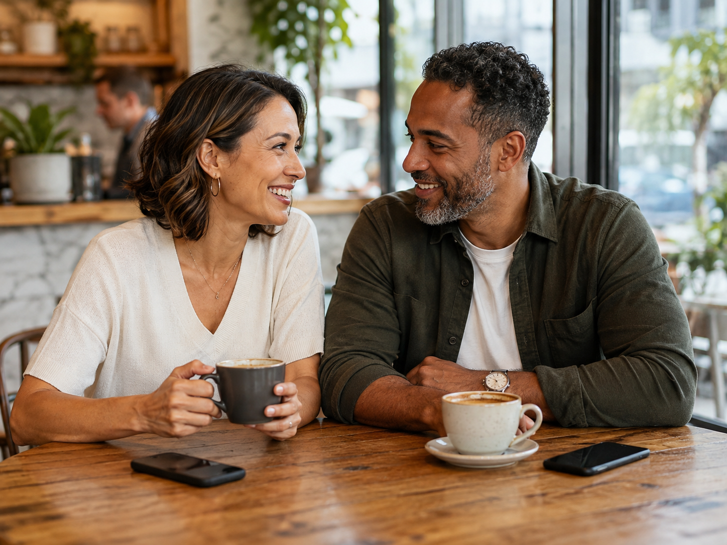 Two people laughing while talking over coffee on a first date