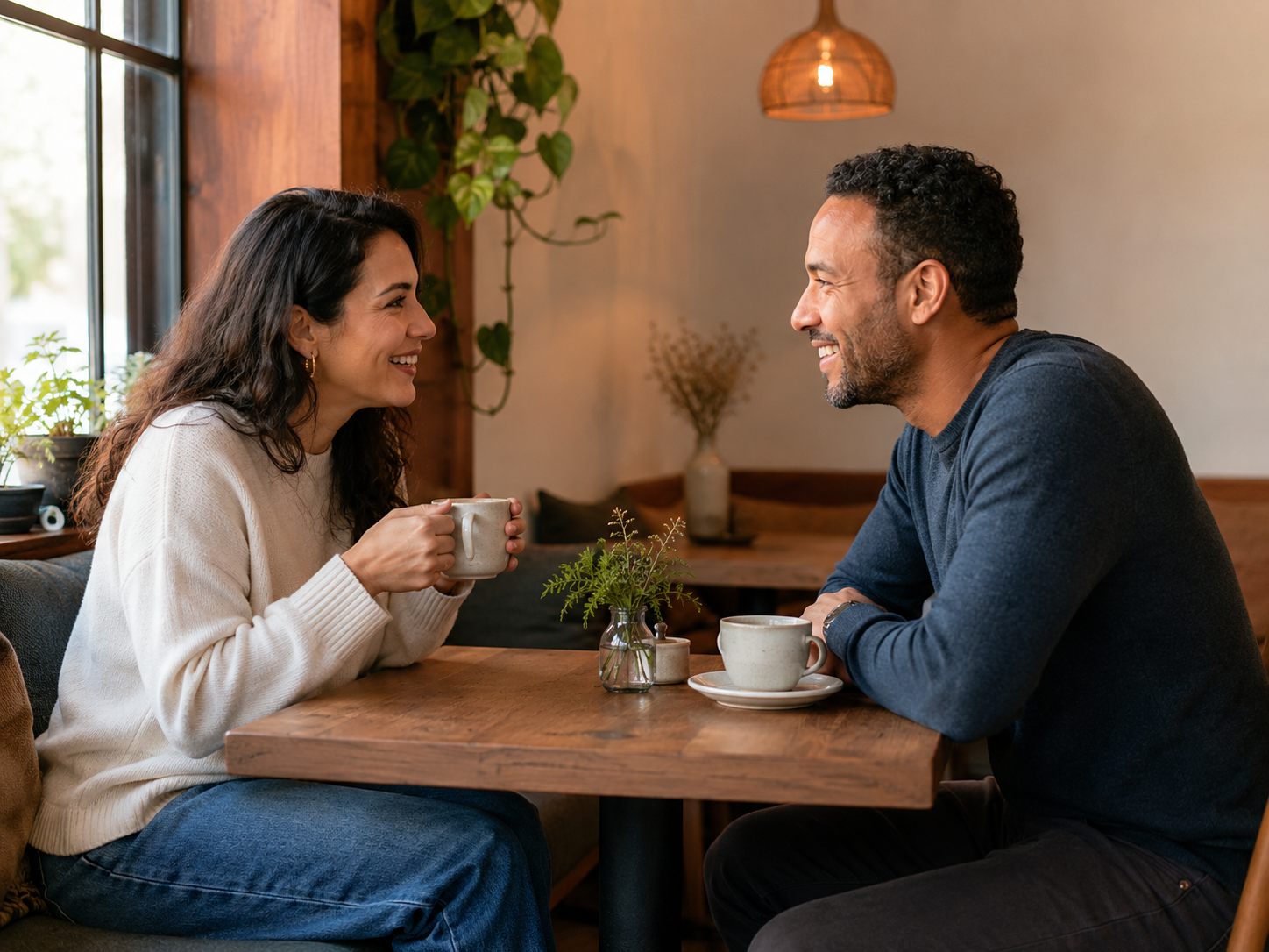 Couple enjoying a relaxed conversation together in a quiet café on a coffee date.