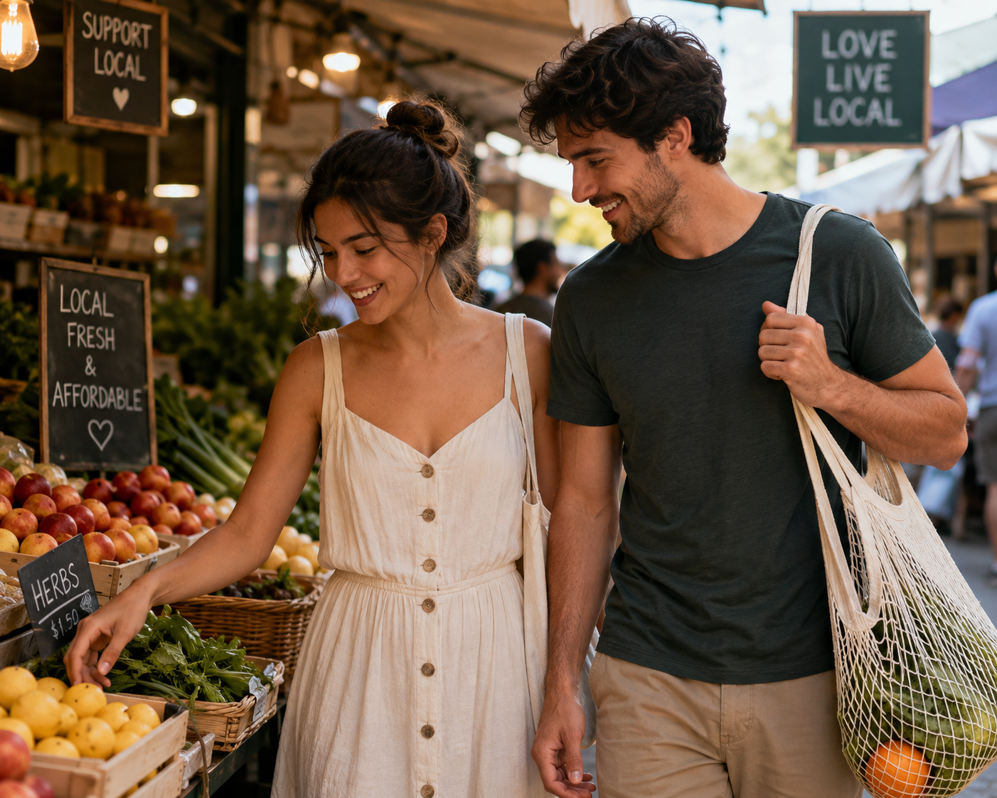 Couple exploring a local market together on an affordable date