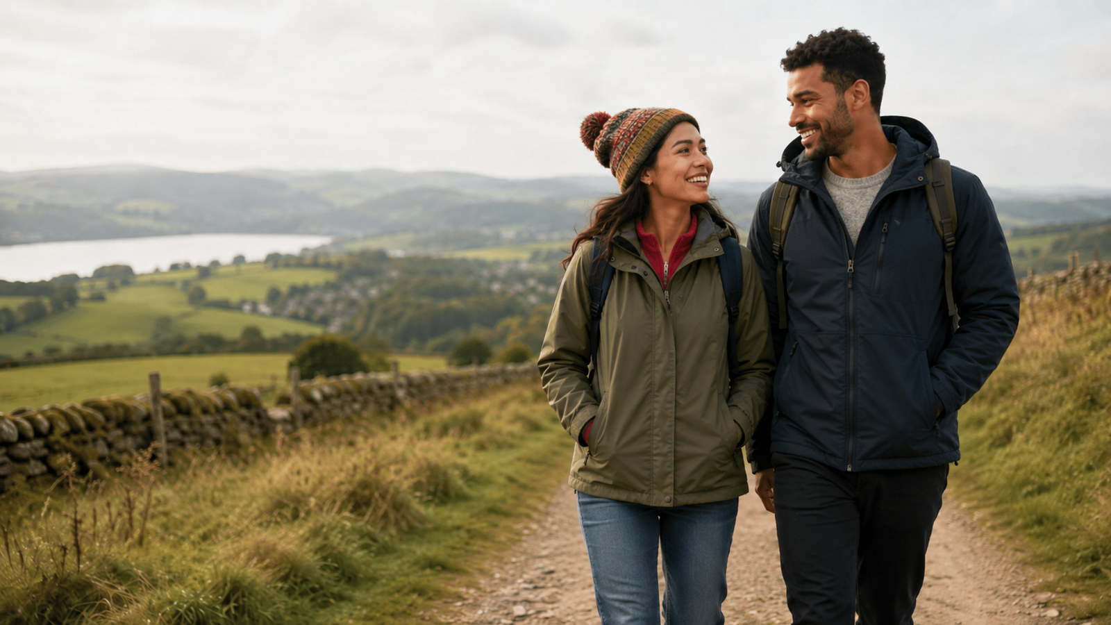 Couple enjoying a scenic countryside walk together on a budget-friendly date