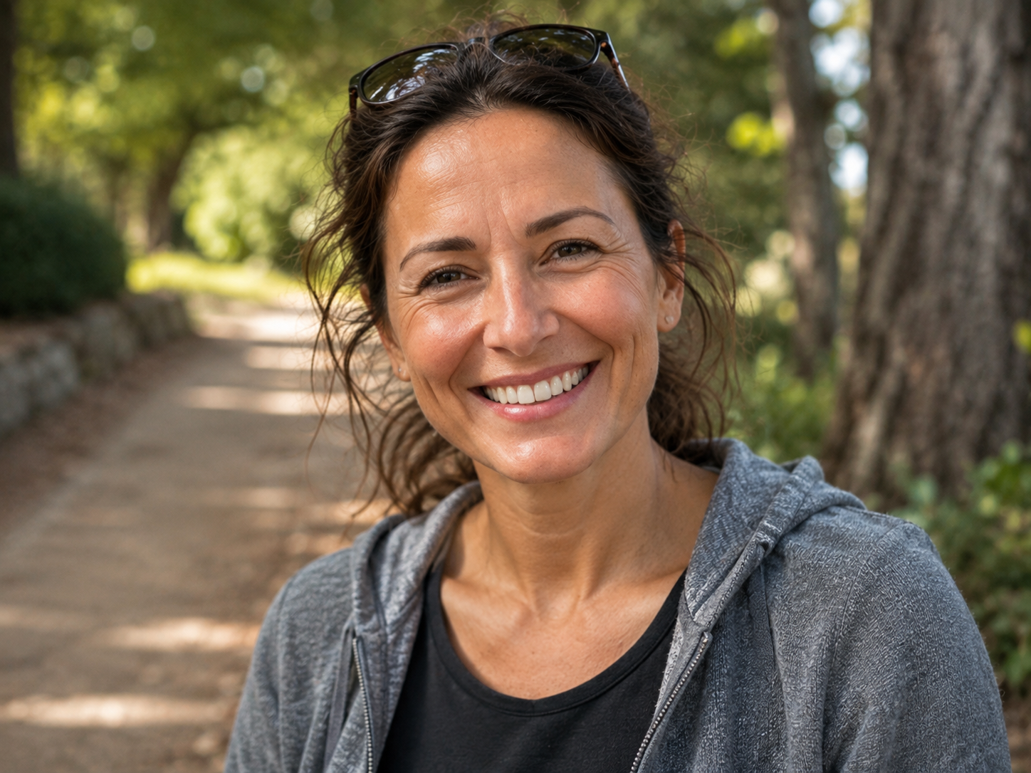 Woman in her 40s smiling naturally outdoors for a genuine dating profile photo.