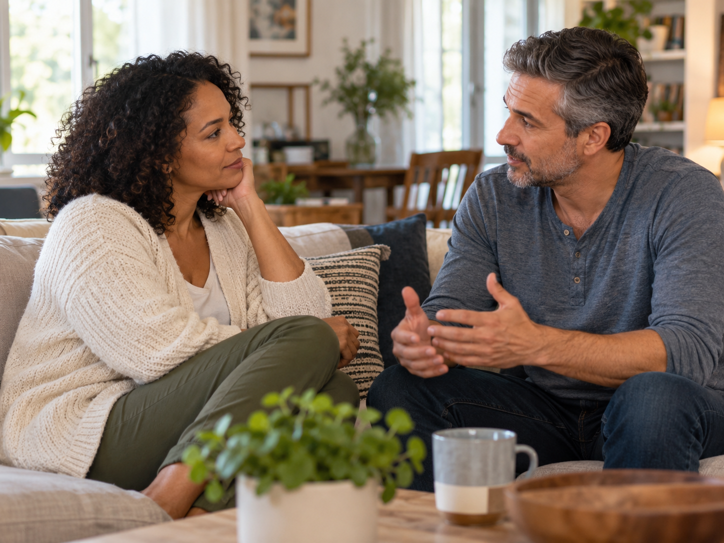 Mixed-race couple in their 40s having a thoughtful conversation together at home