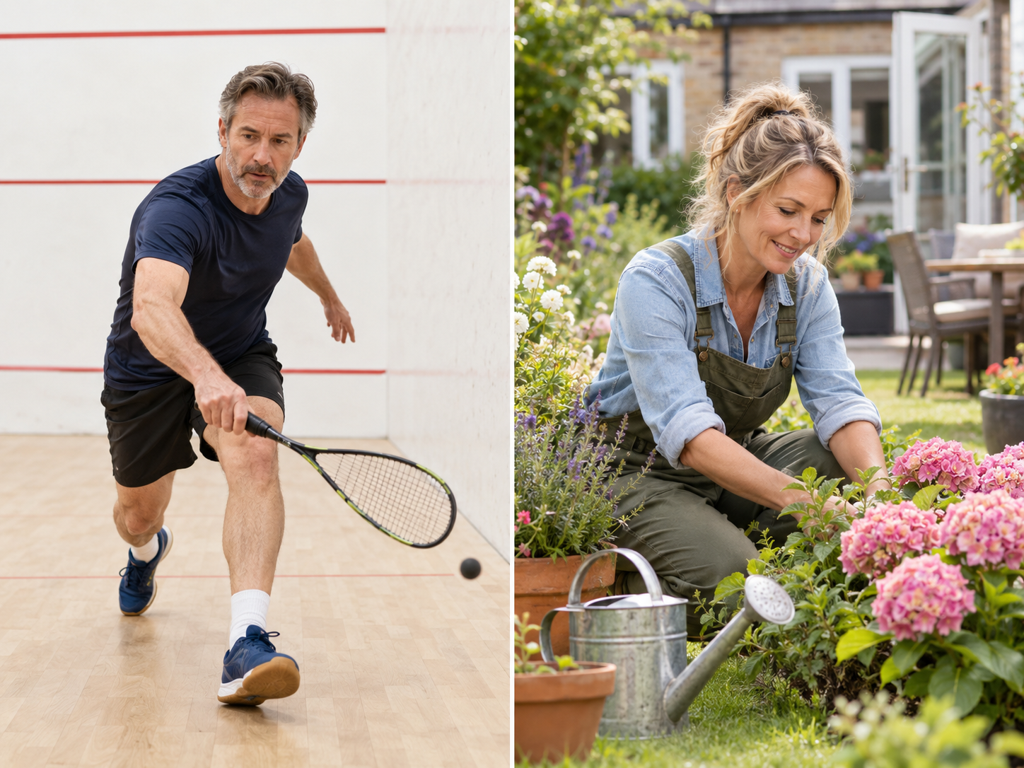 Man in his 40s playing squash and woman in her 40s gardening at home, representing two established lives coming together.