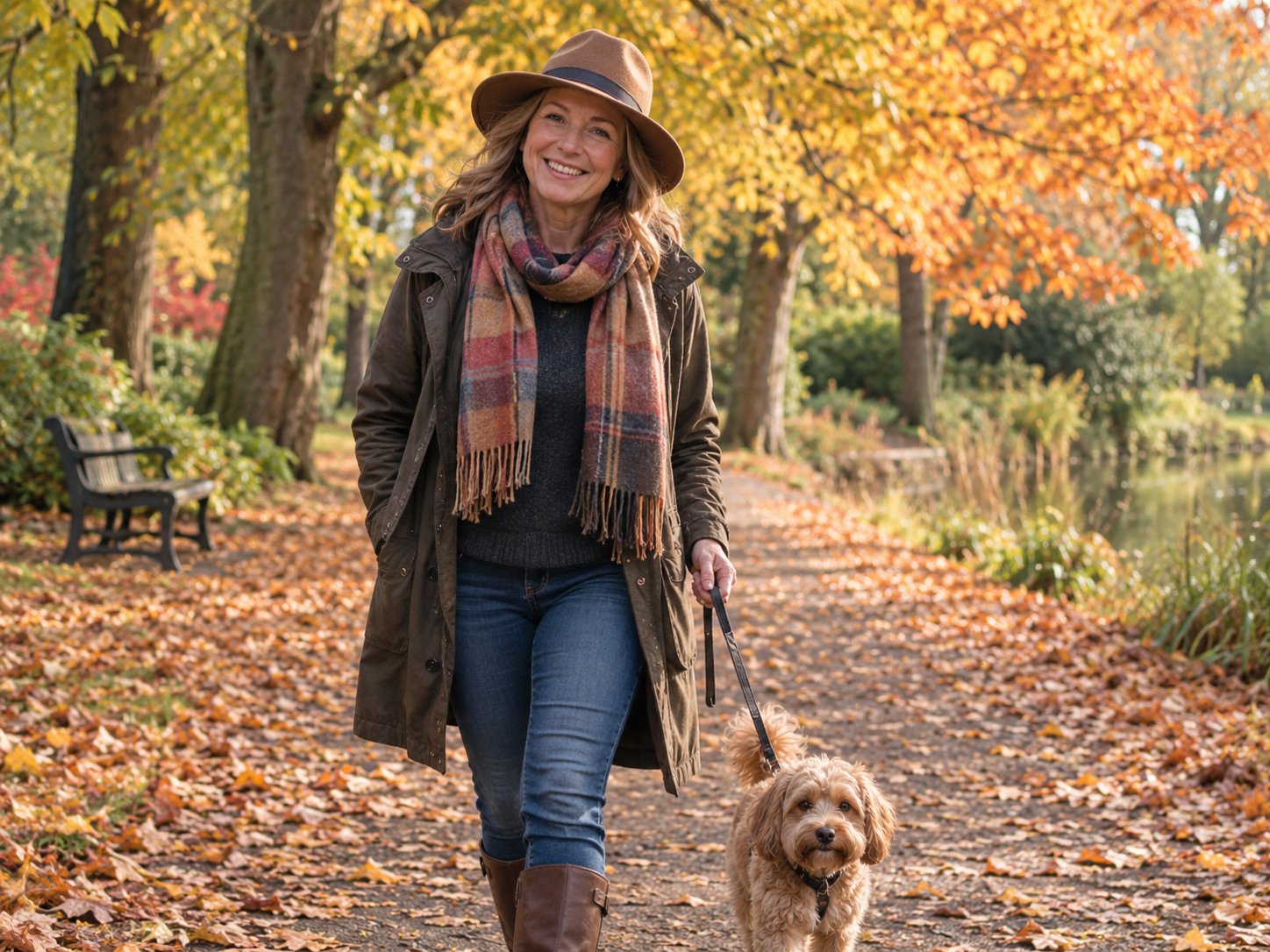 Woman in her 50s walking a small dog through an autumn park in a natural dating profile photo.
