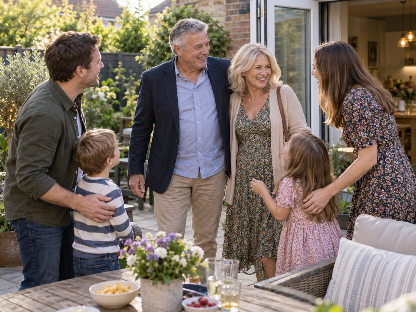 Man in his 50s introducing his new partner to his grown-up children and grandchildren at a family gathering.