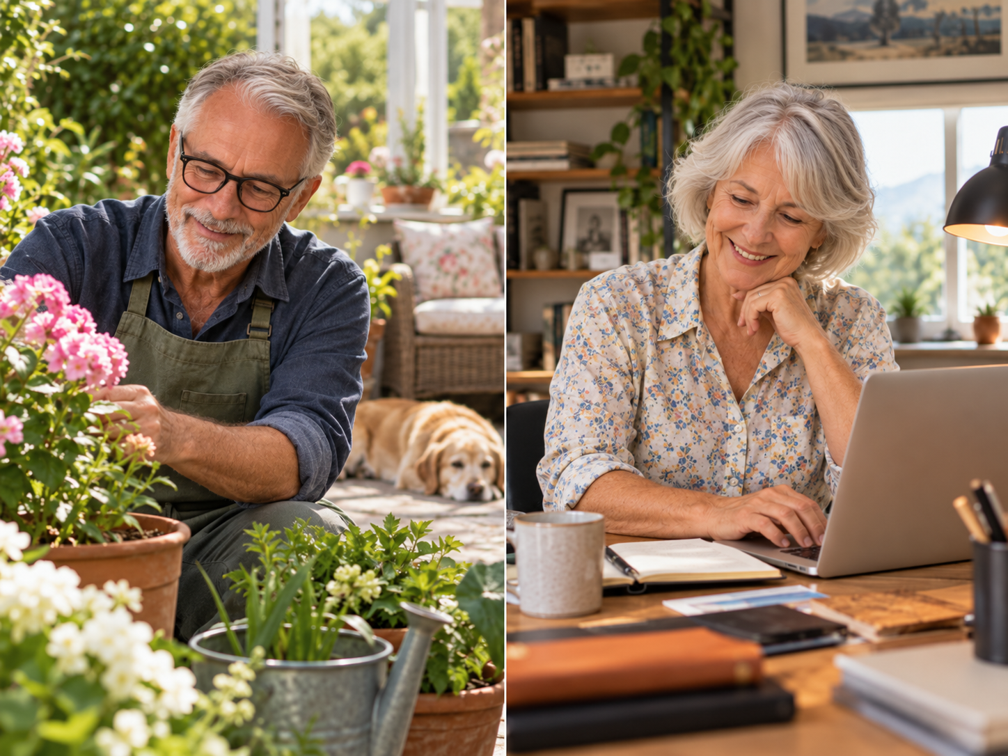 Man in his 60s gardening while a woman in her 60s works on a laptop at home.