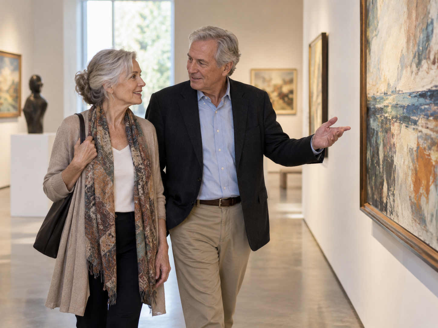 Couple in their 60s discussing a painting while walking through an art gallery.