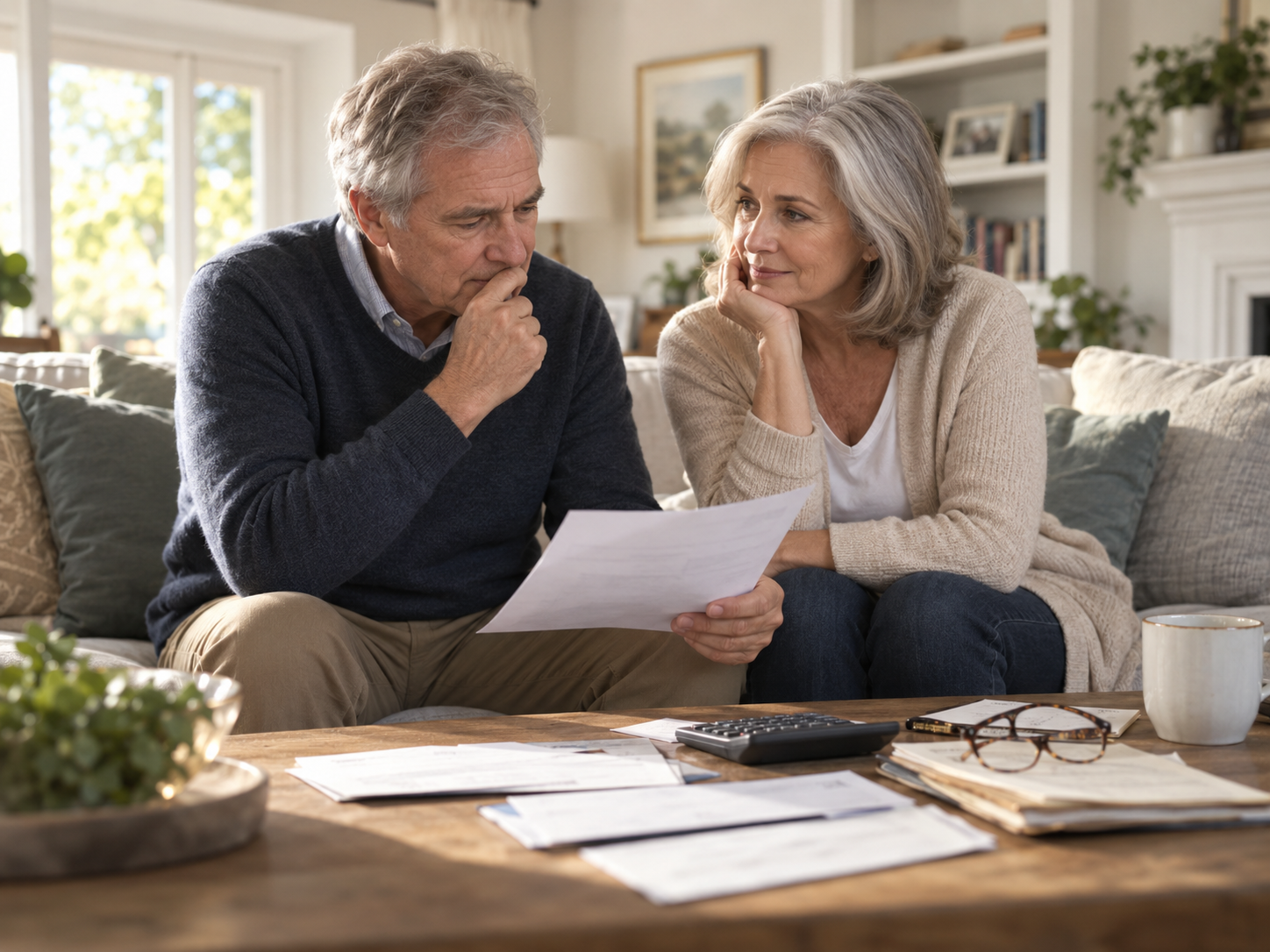 Couple in their 60s reviewing paperwork together at home while discussing savings and future plans.