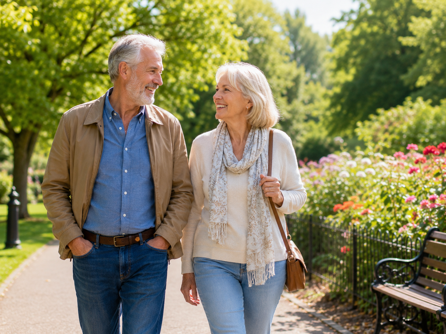 Couple over 60 enjoying a relaxed walk together through a sunny park.