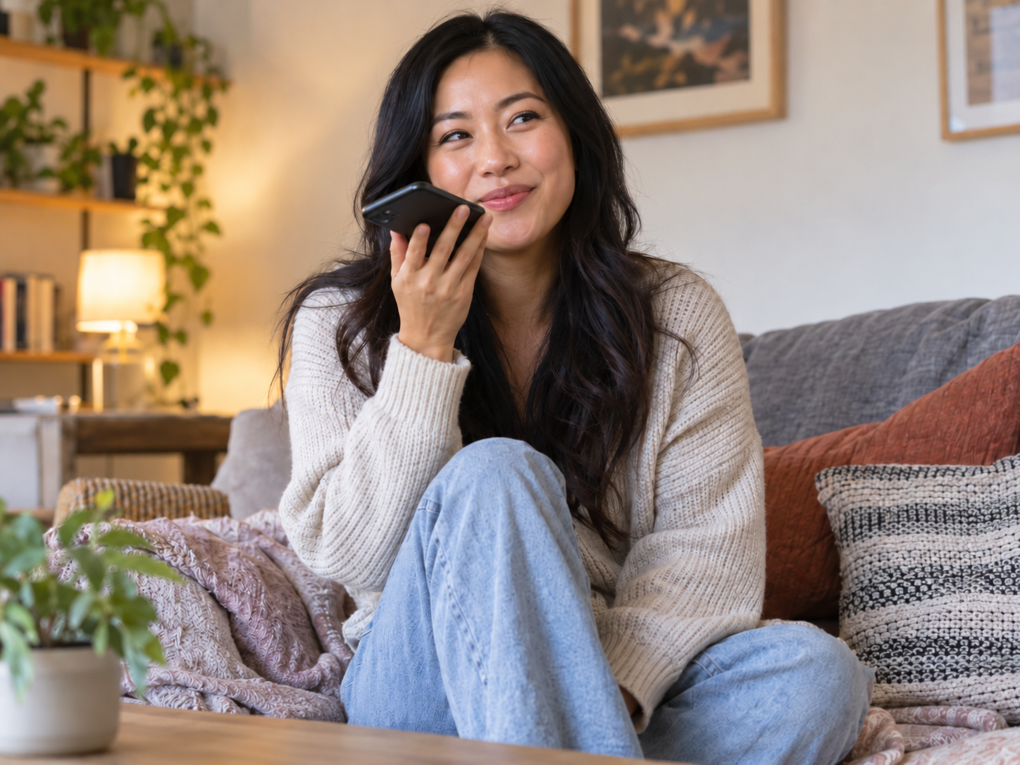 Asian woman recording a light-hearted dating profile voice introduction on her phone at home.