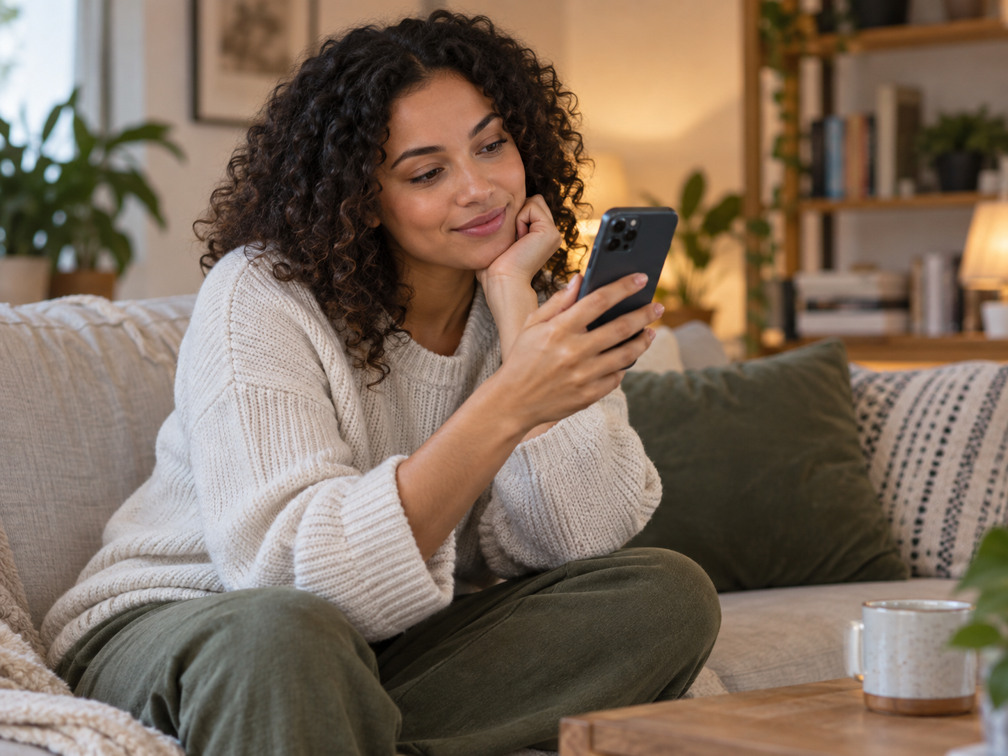 Woman listening back to a dating profile voice introduction on her phone before submitting it.