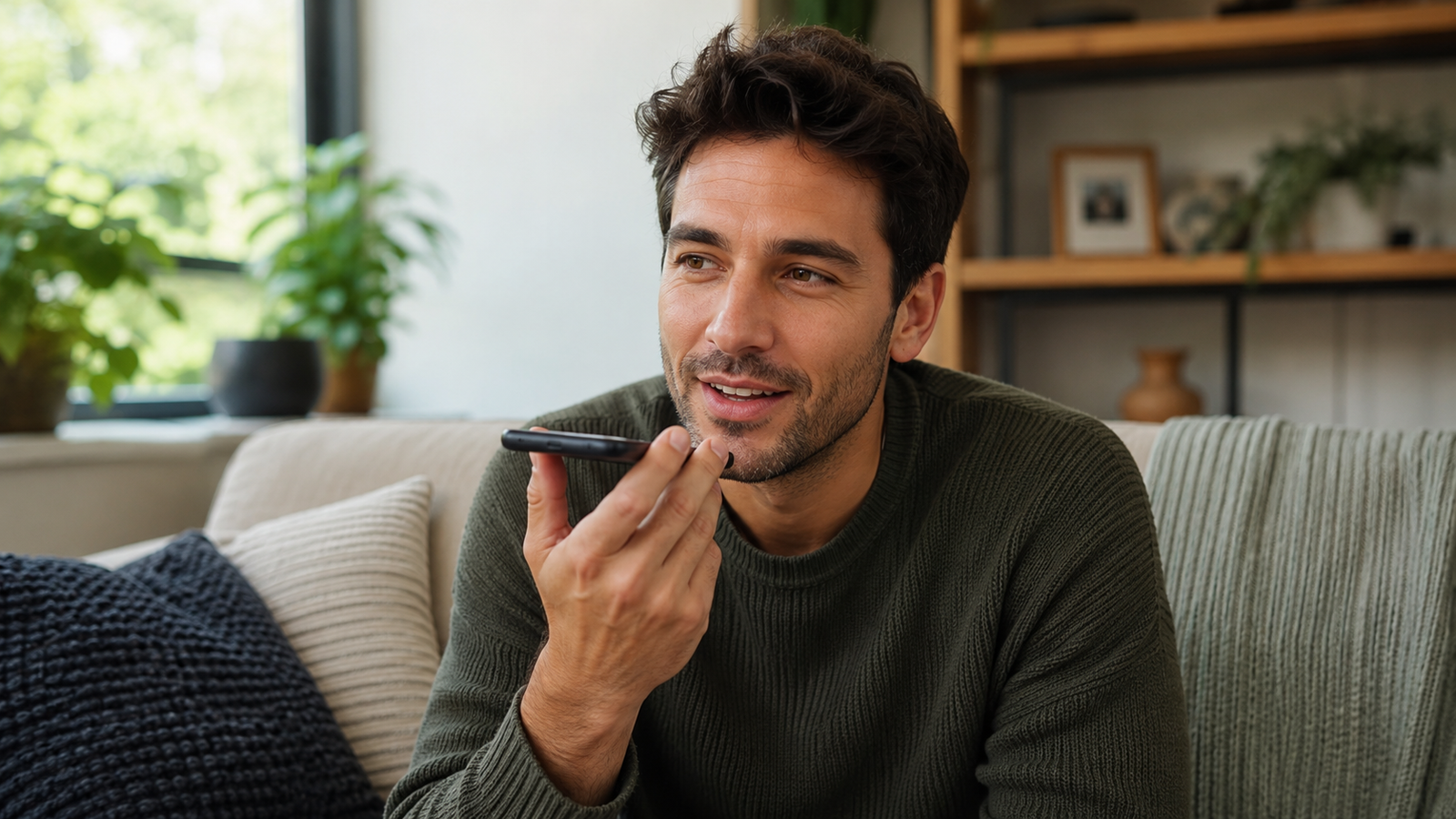 Man recording a dating profile voice introduction on his phone at home.