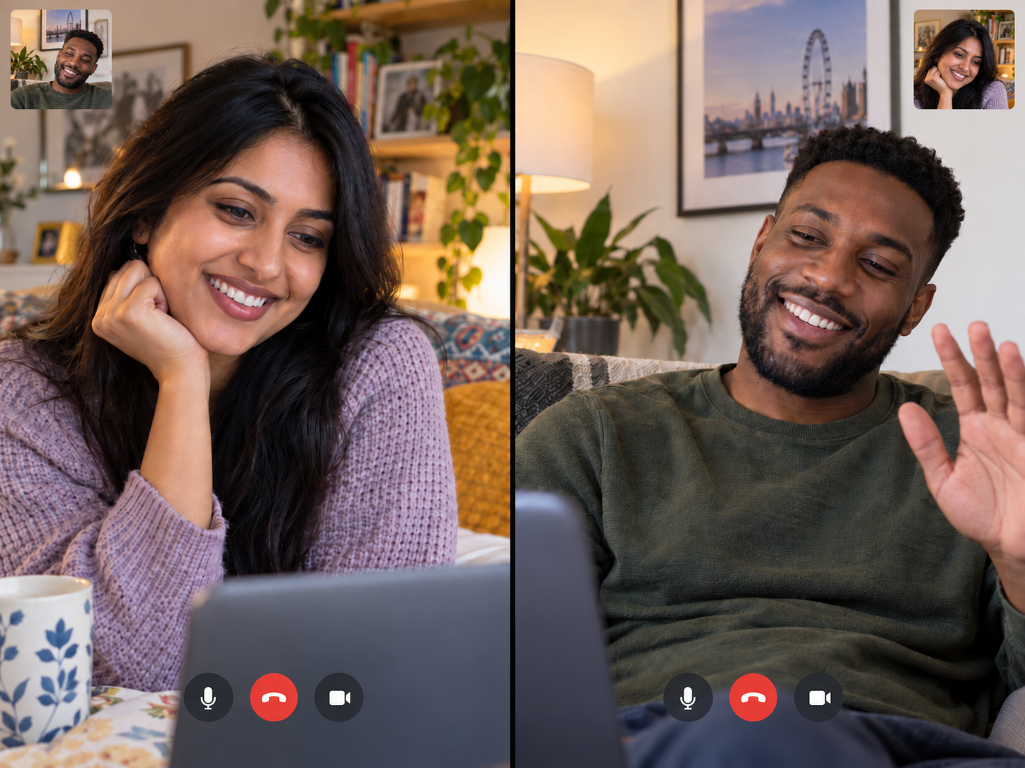 Indian woman and Black man smiling during a video call before meeting for a date.
