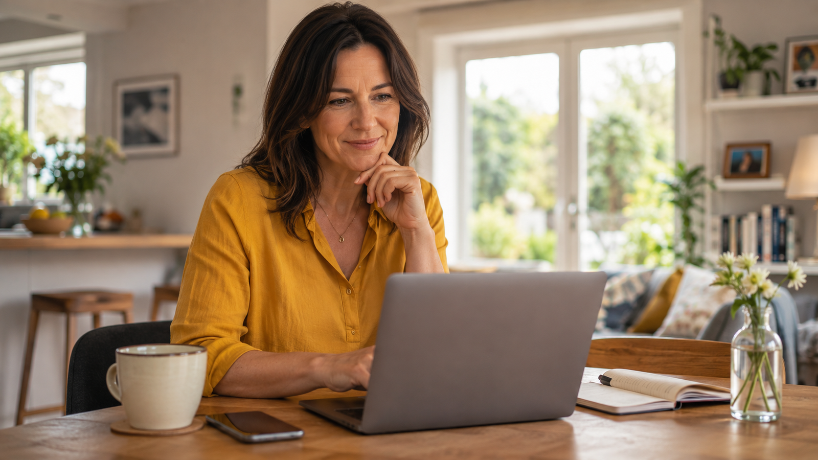 Woman using a laptop at home while taking a careful approach to online dating.