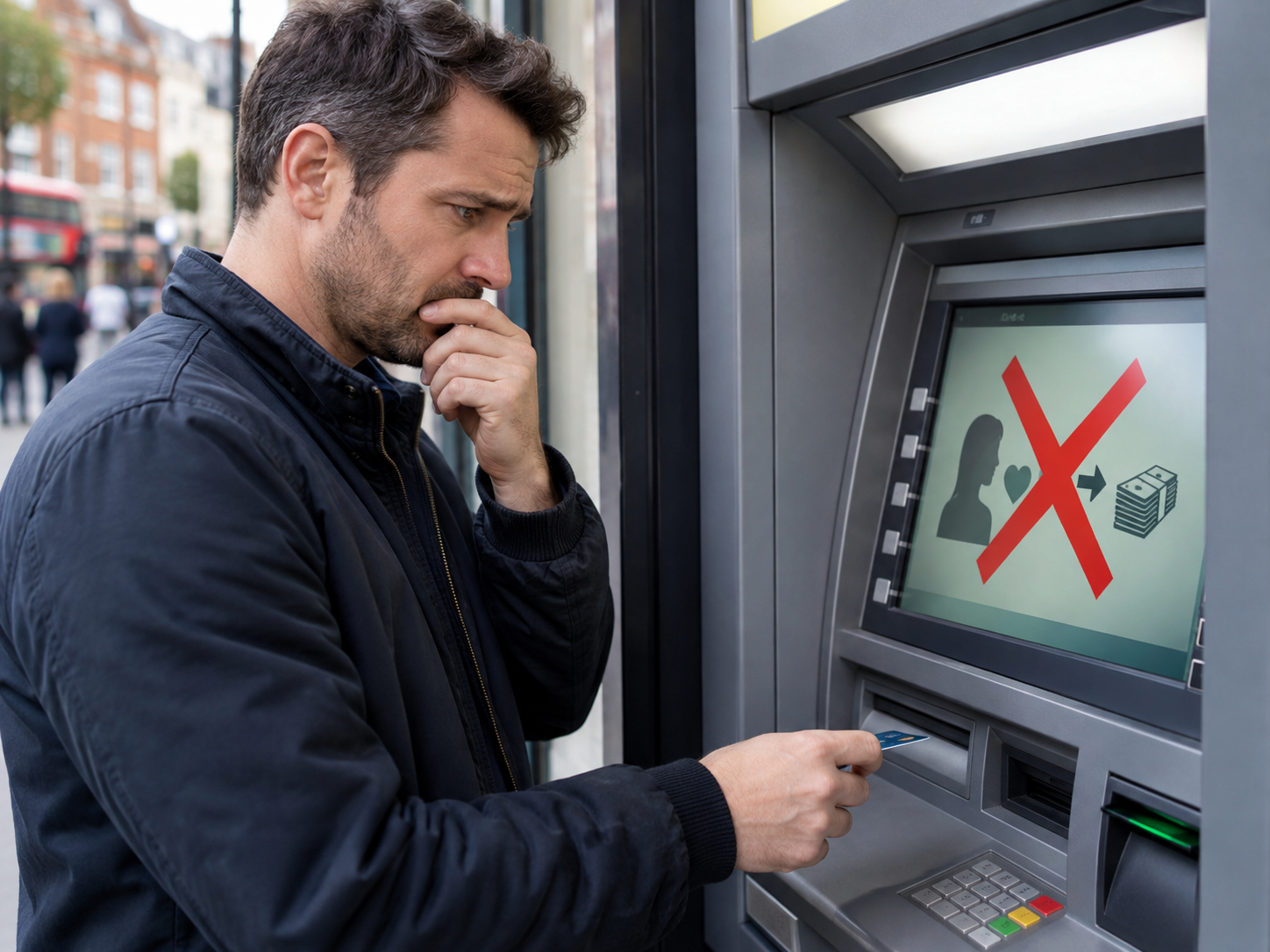 Man at a cash machine seeing a red warning cross reminding him not to send money to someone he met online