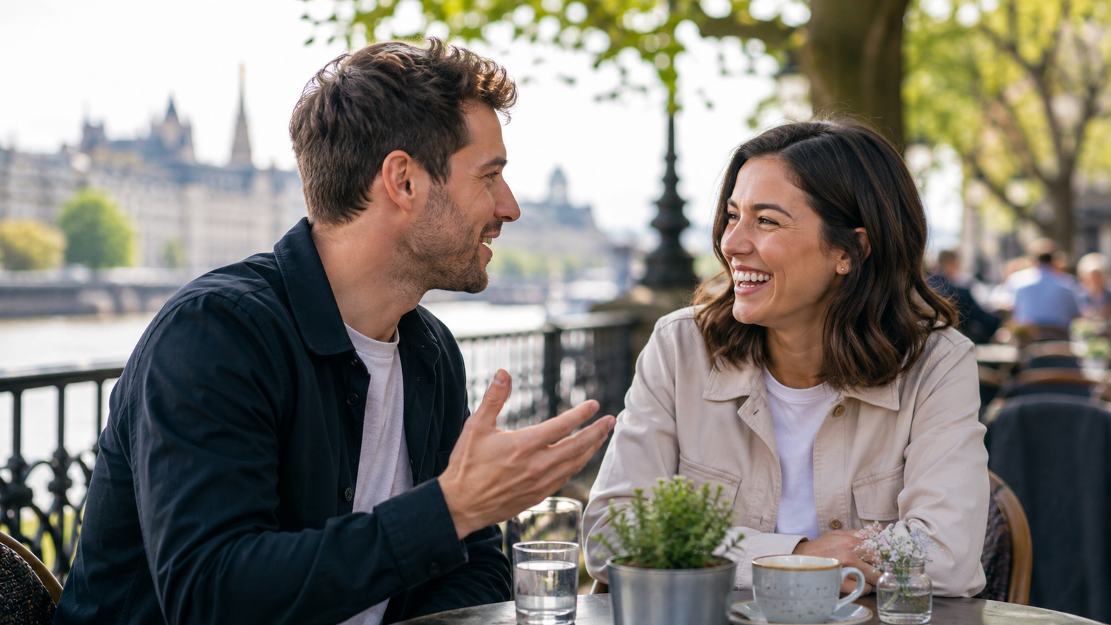 Couple on a first date by the riverside, with one person speaking and the other laughing.