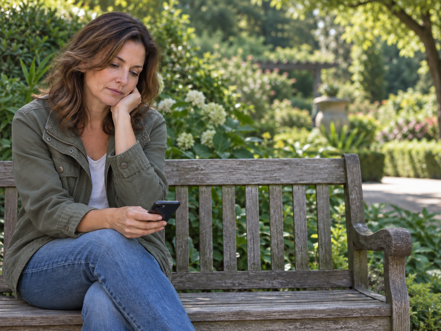 Middle-aged woman in a jacket sitting on a garden bench and looking thoughtfully at her phone after being ghosted