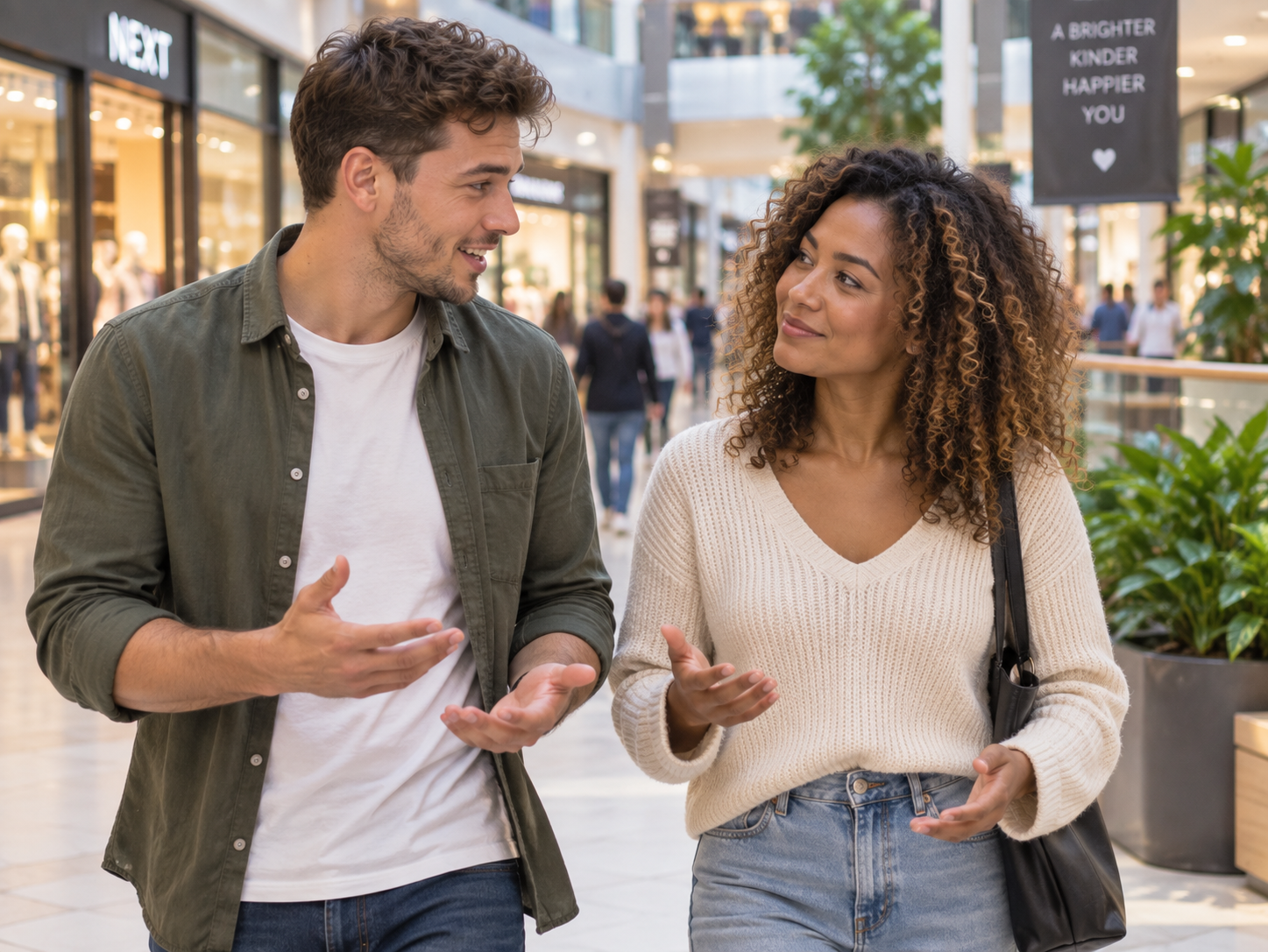 Younger mixed-race couple having a calm conversation while walking through a shopping centre.