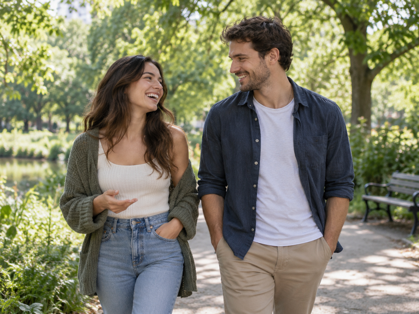 Relaxed couple laughing together while walking through a park and feeling comfortable around each other.