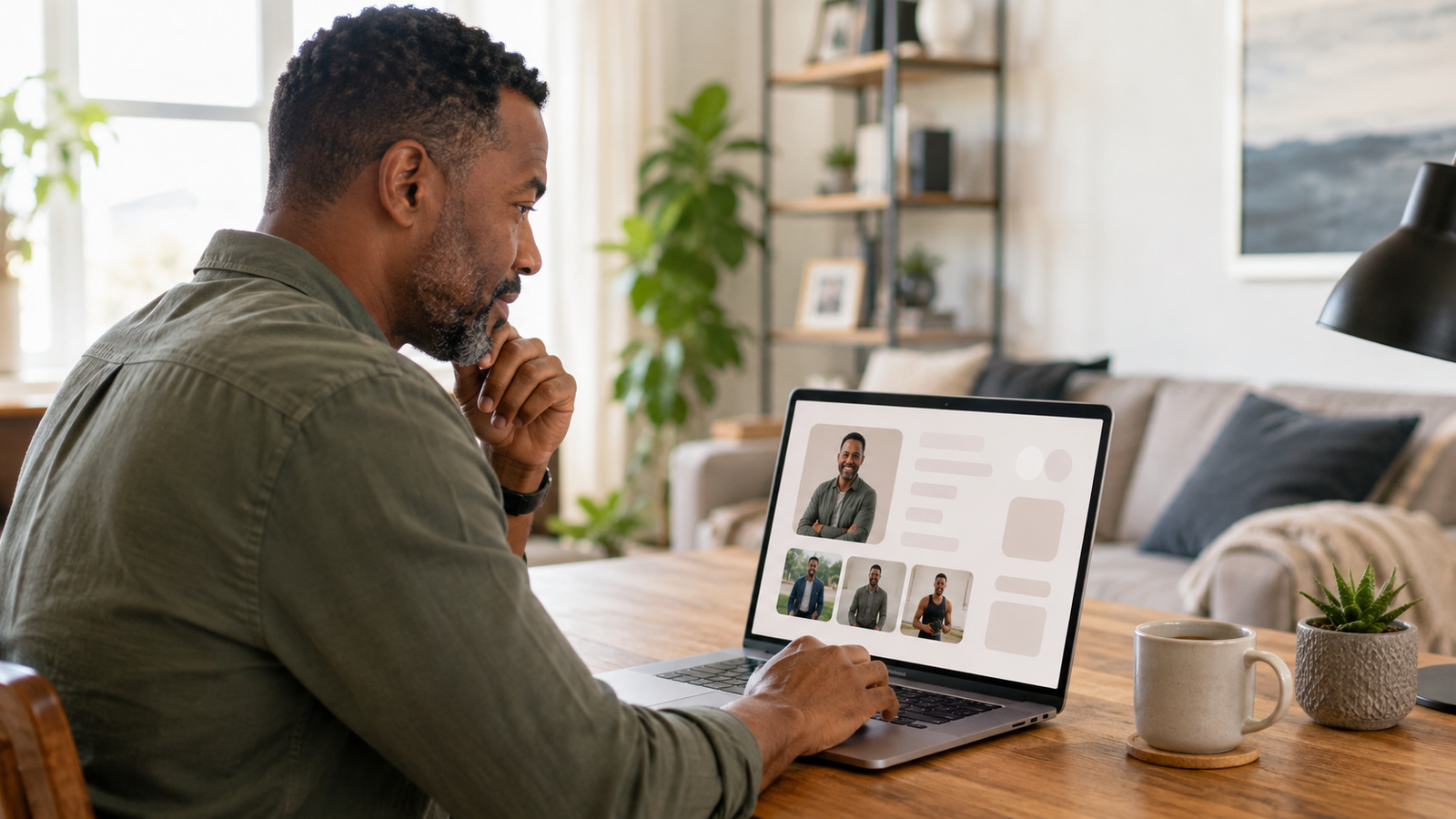 Man creating a dating profile on a laptop and reviewing his profile photos at home.