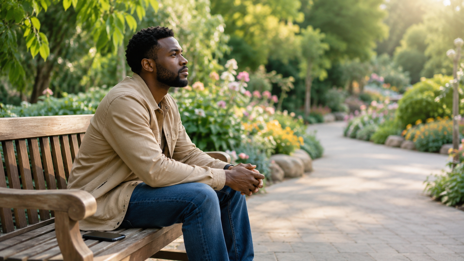 Man sitting alone on a bench in a botanical garden reflecting after being ghosted.