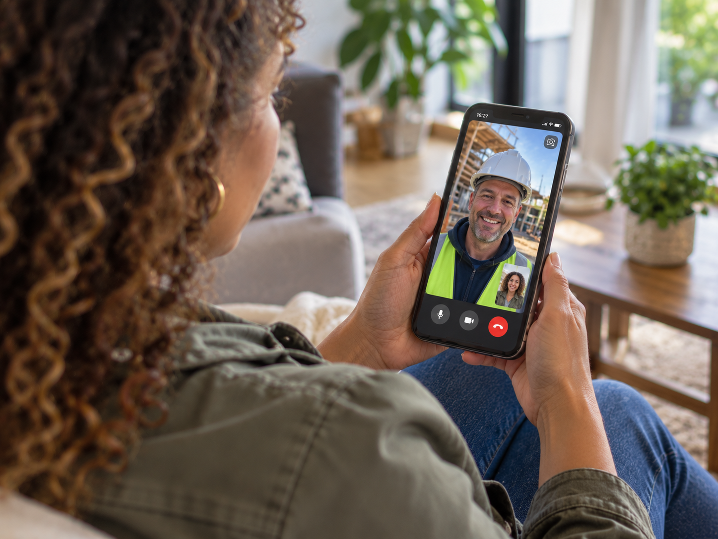Woman looking at her phone during a video call with a man working on a construction site