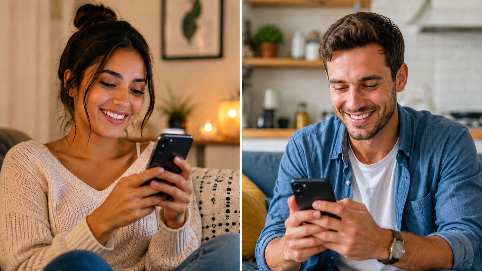 Woman and man smiling while messaging each other on their phones on a dating site.