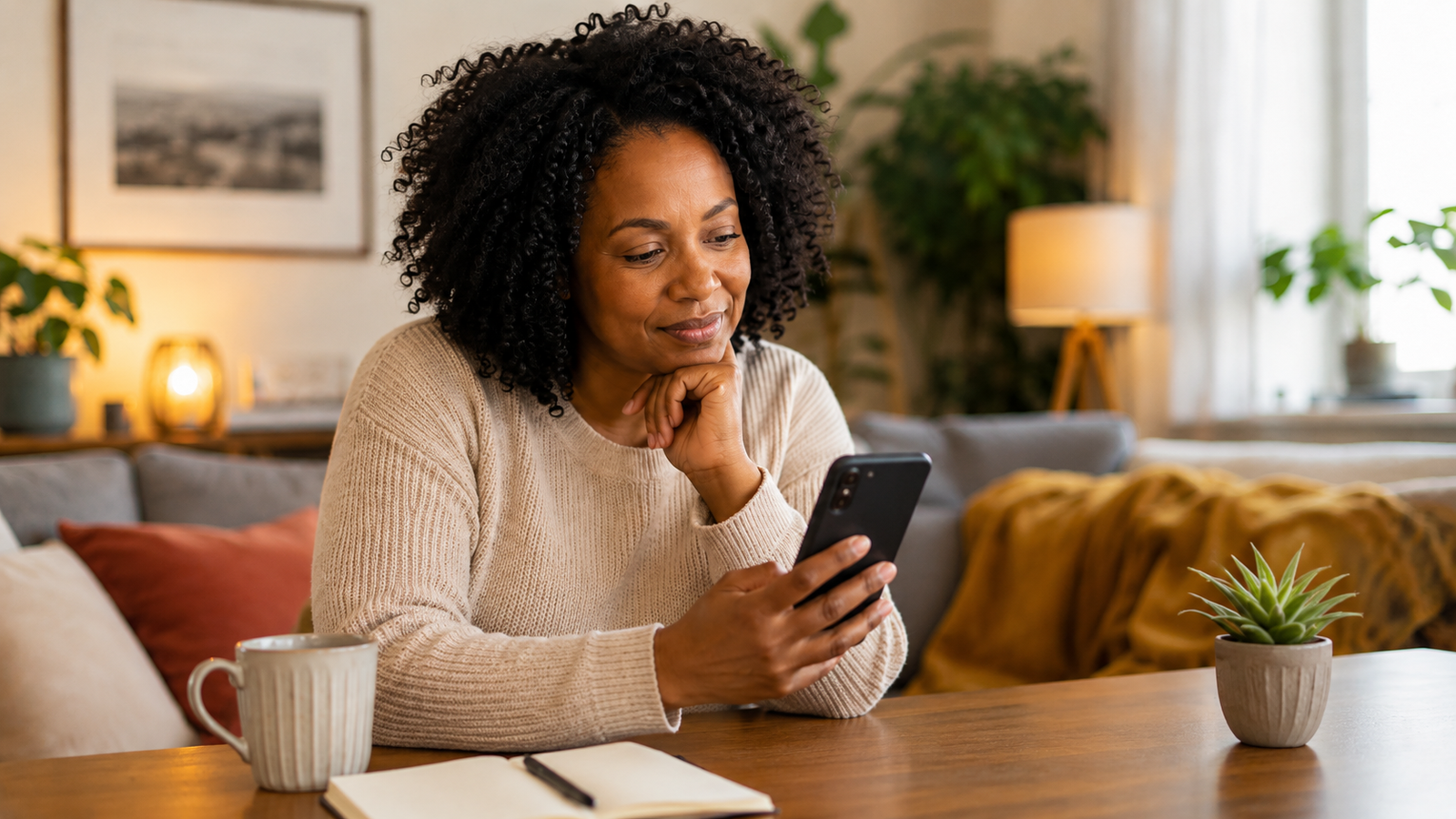 Woman using her phone while thinking about what to write in her dating profile bio.
