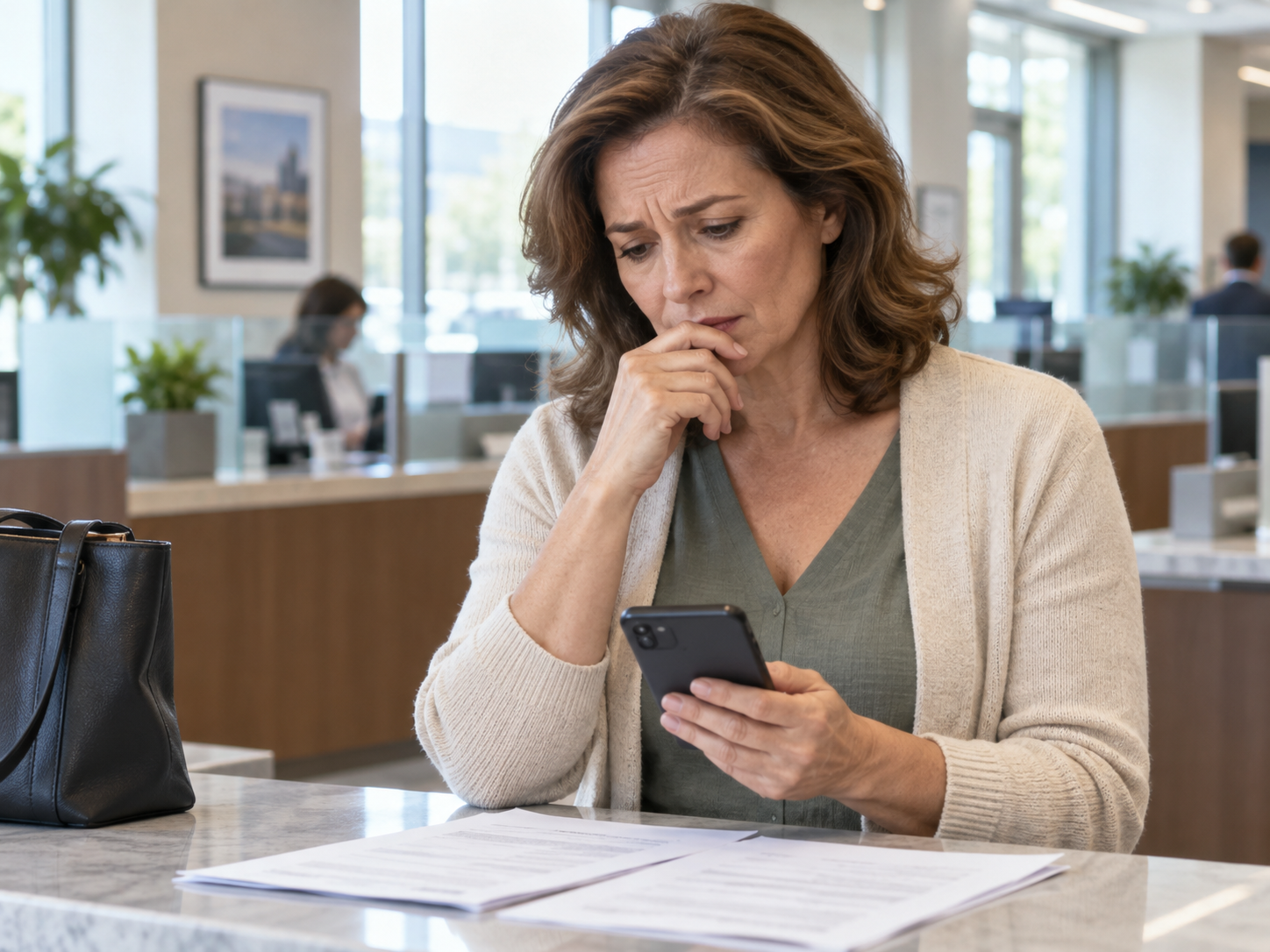 Middle-aged woman sitting in a bank looking worried while checking her phone and paperwork