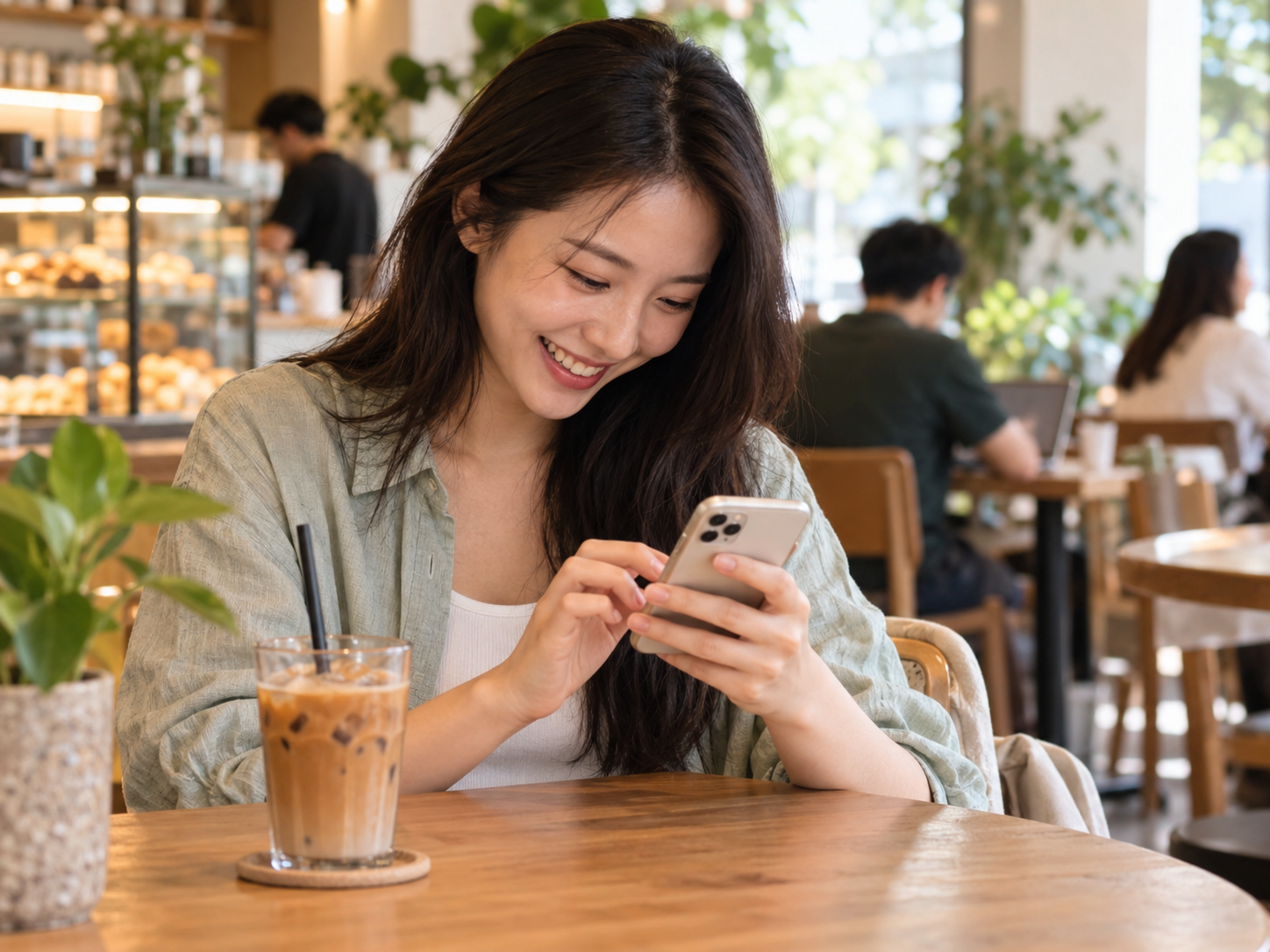 Chinese woman smiling while typing a message on her phone in a coffee shop with an iced coffee on the table
