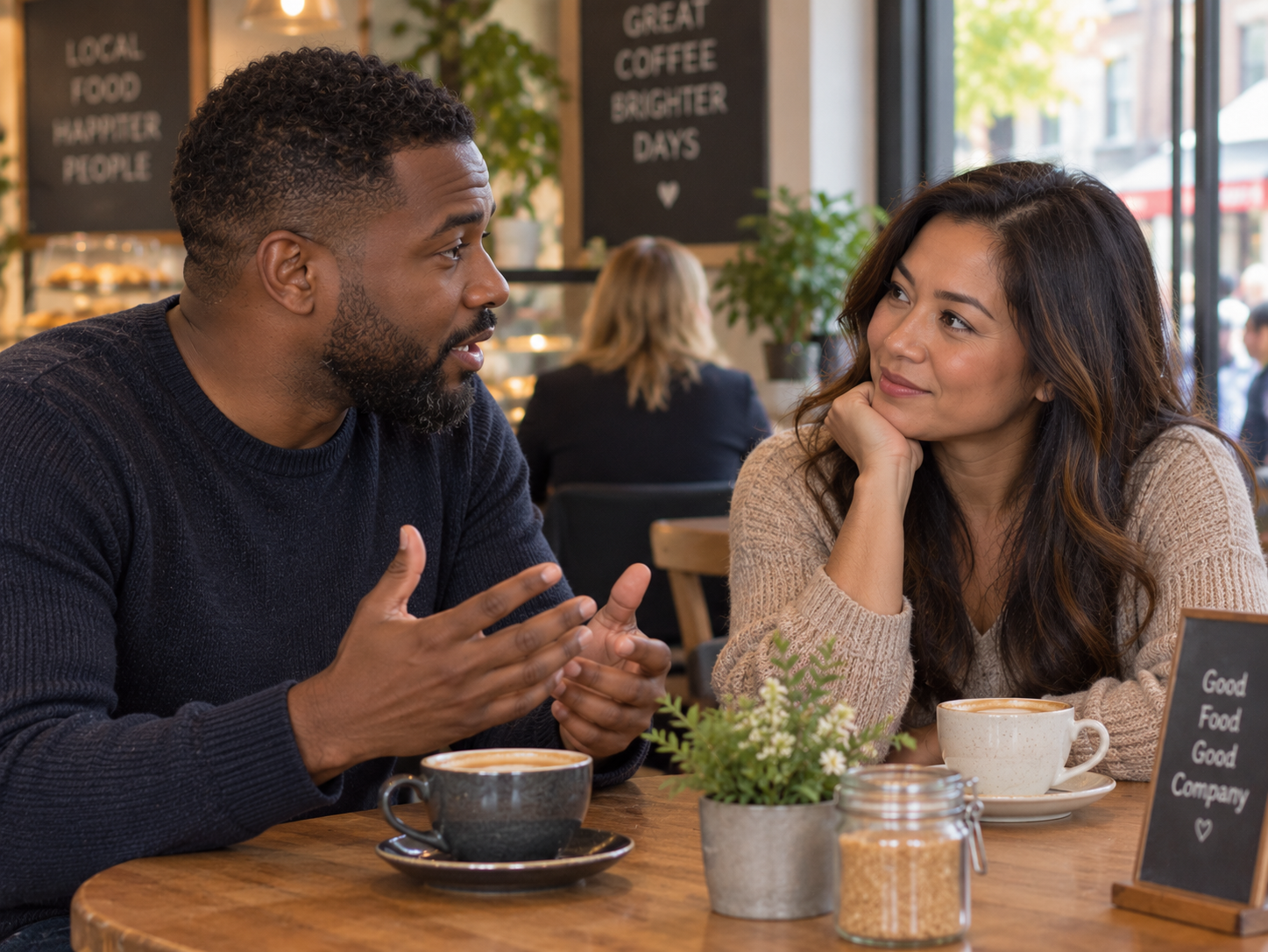 Black man speaking while an Asian woman listens attentively during a café date