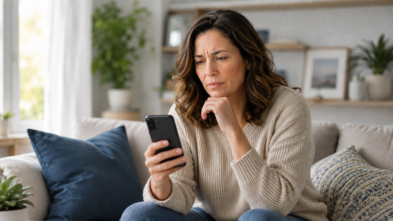 Woman reading a message on her phone and looking thoughtful about possible online dating red flags.