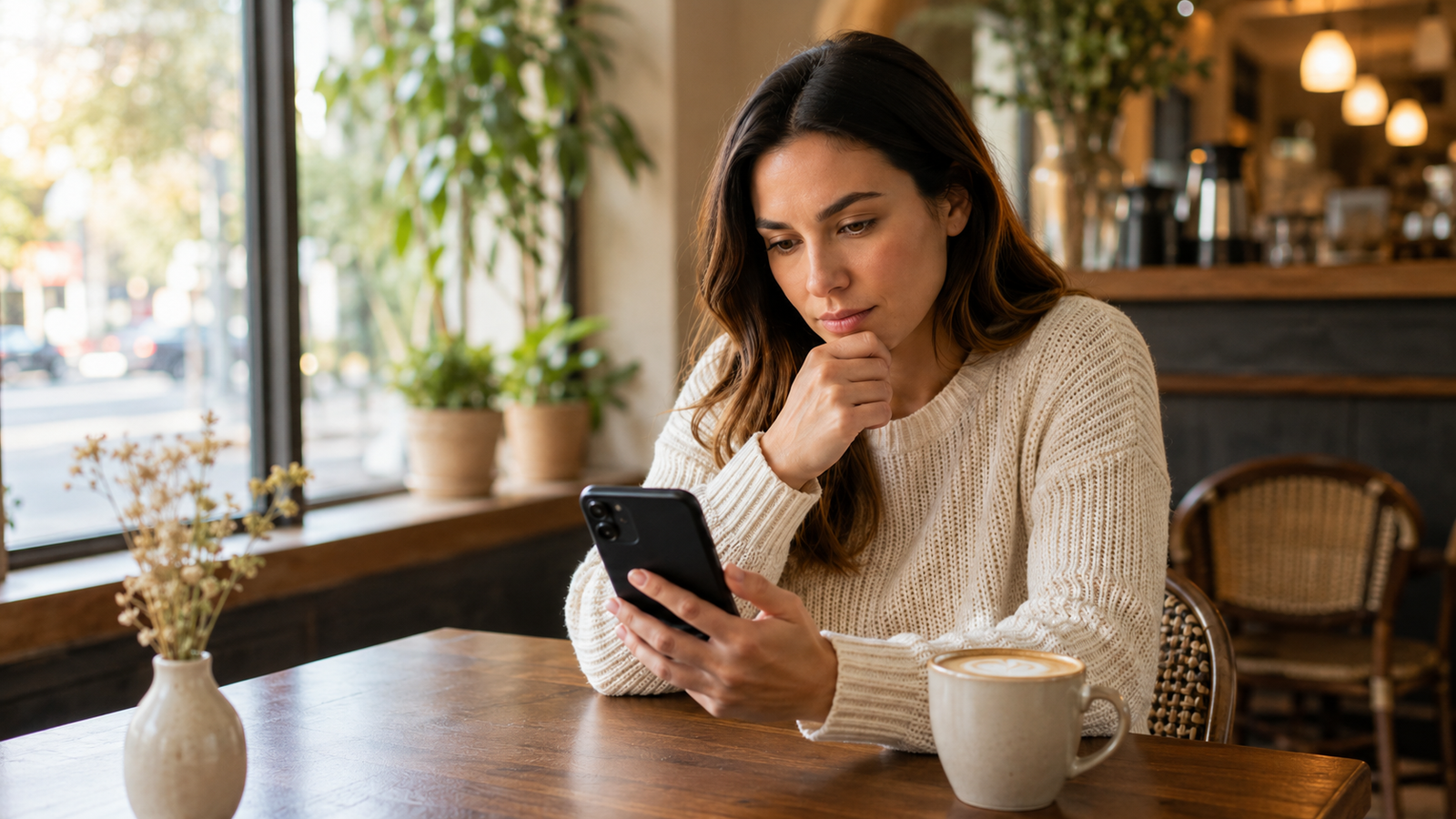 Woman checking her phone in a café while thinking about protecting her privacy when online dating.