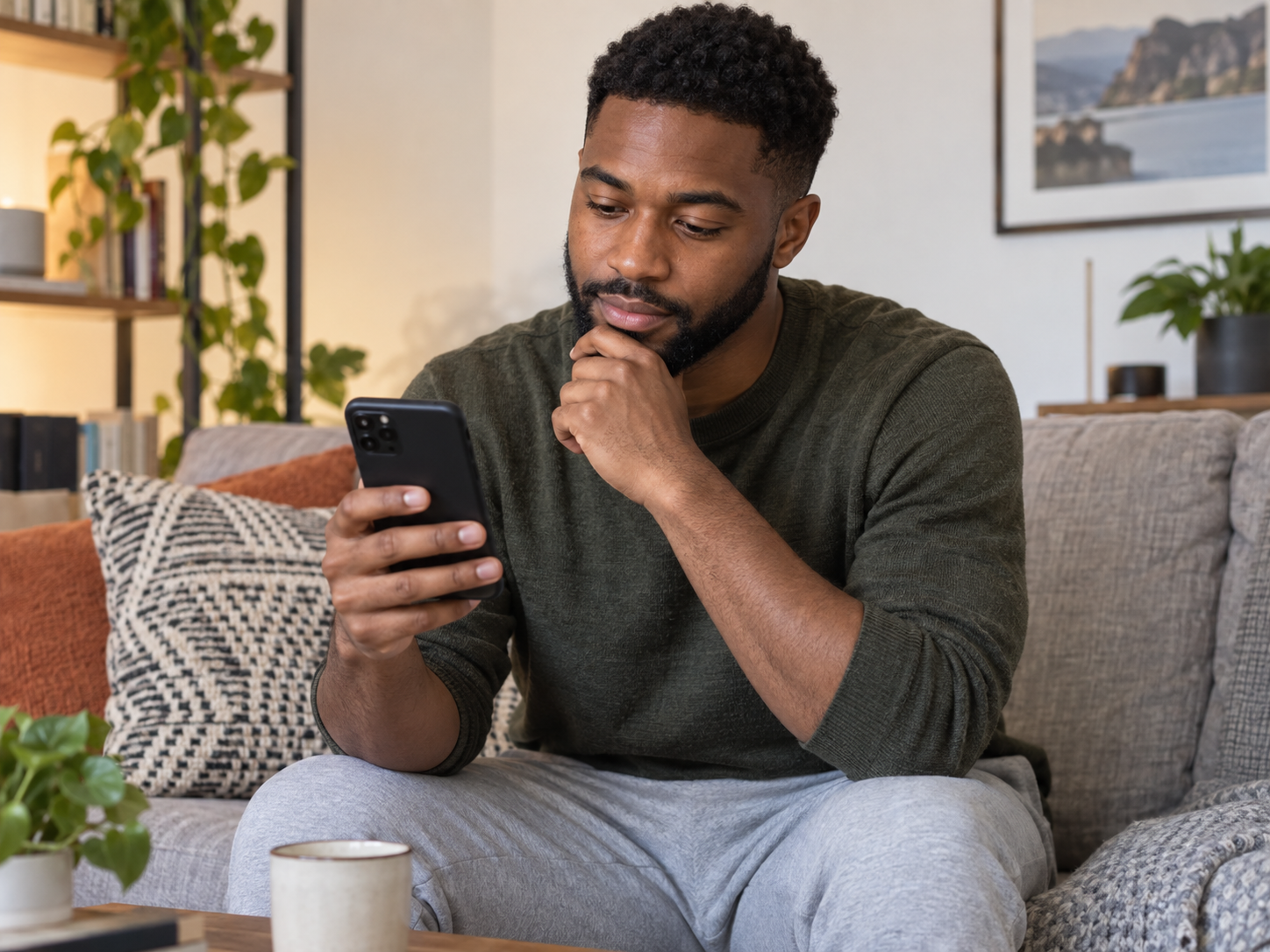 Black man in his late 20s reading his phone and reviewing his dating bio before submitting it