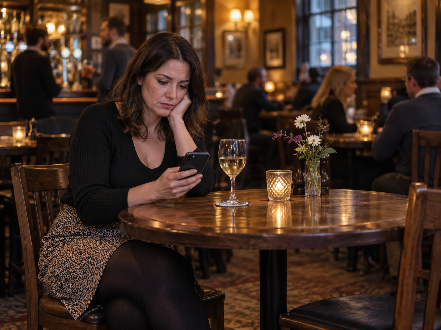 Woman sitting alone in a pub looking at her phone while waiting for a date who never turns up