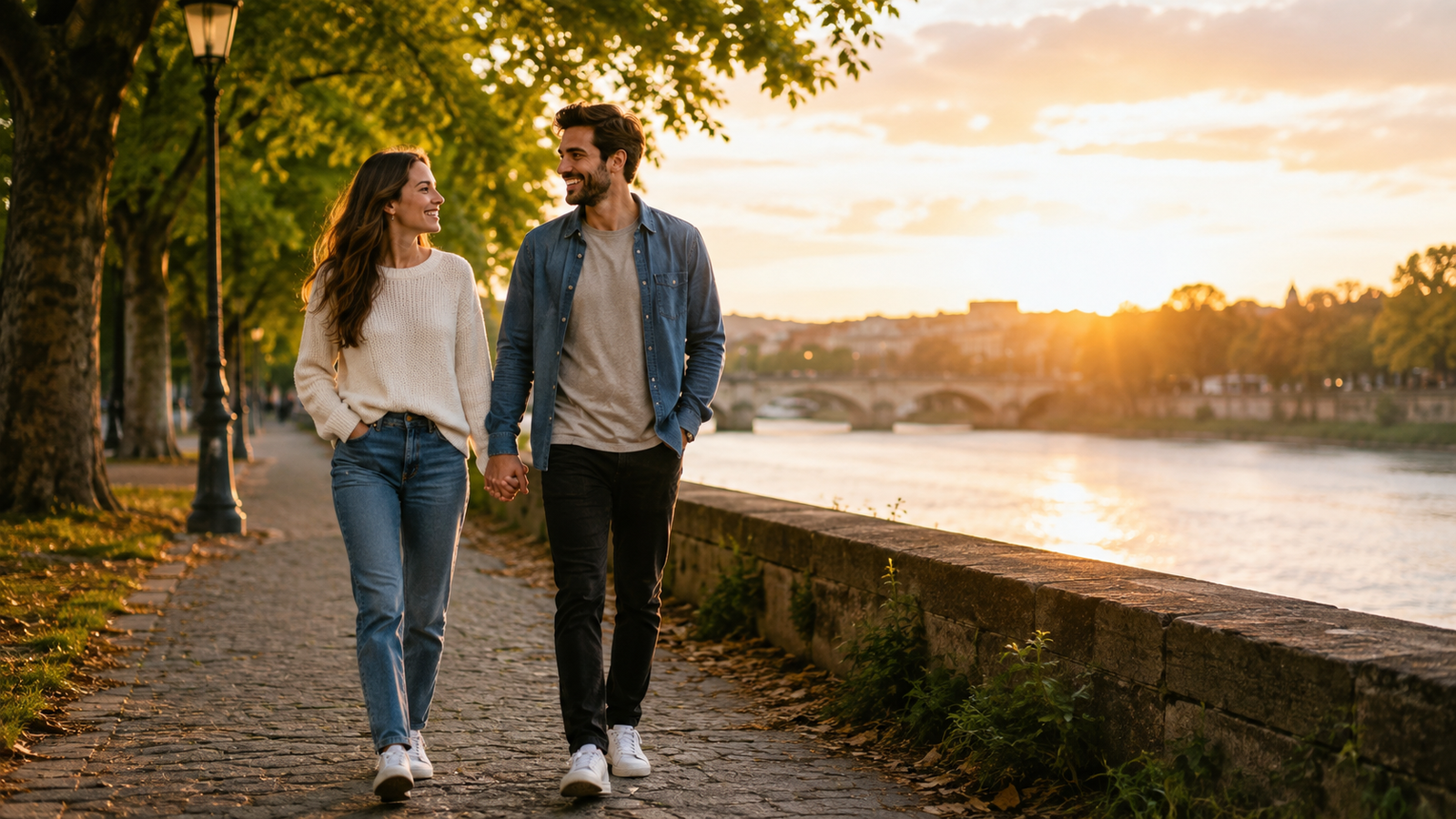 Couple enjoying a romantic walk together along a riverside path at sunset.