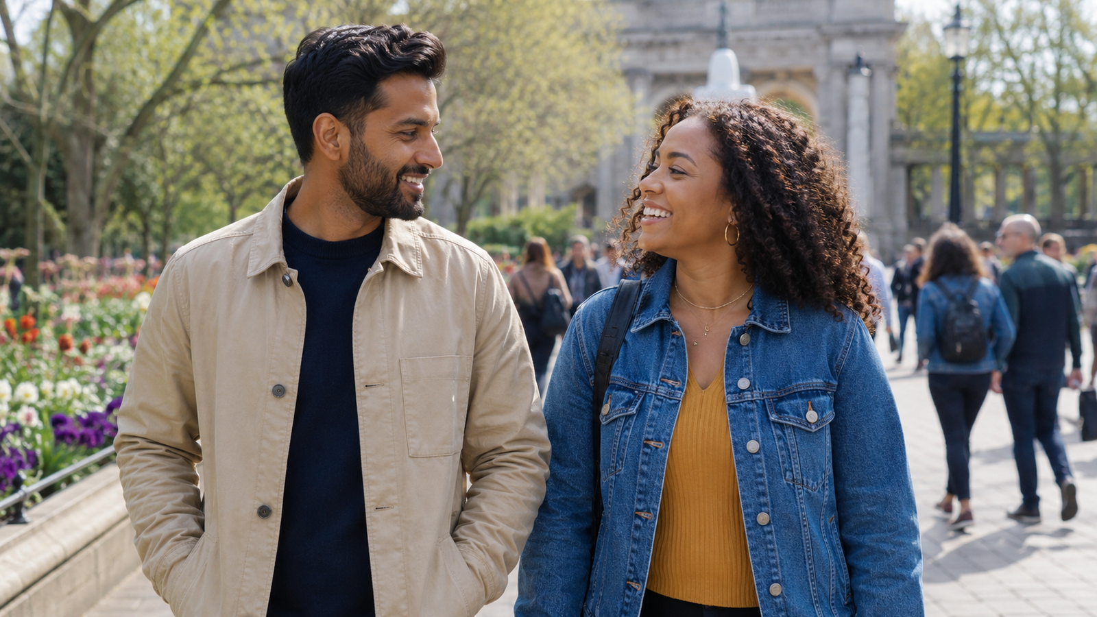 Couple walking together on a date in a busy public park in the UK.