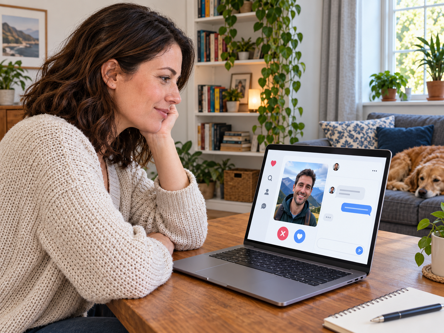 Woman chatting to a man on a dating platform on her laptop while looking at his profile picture.