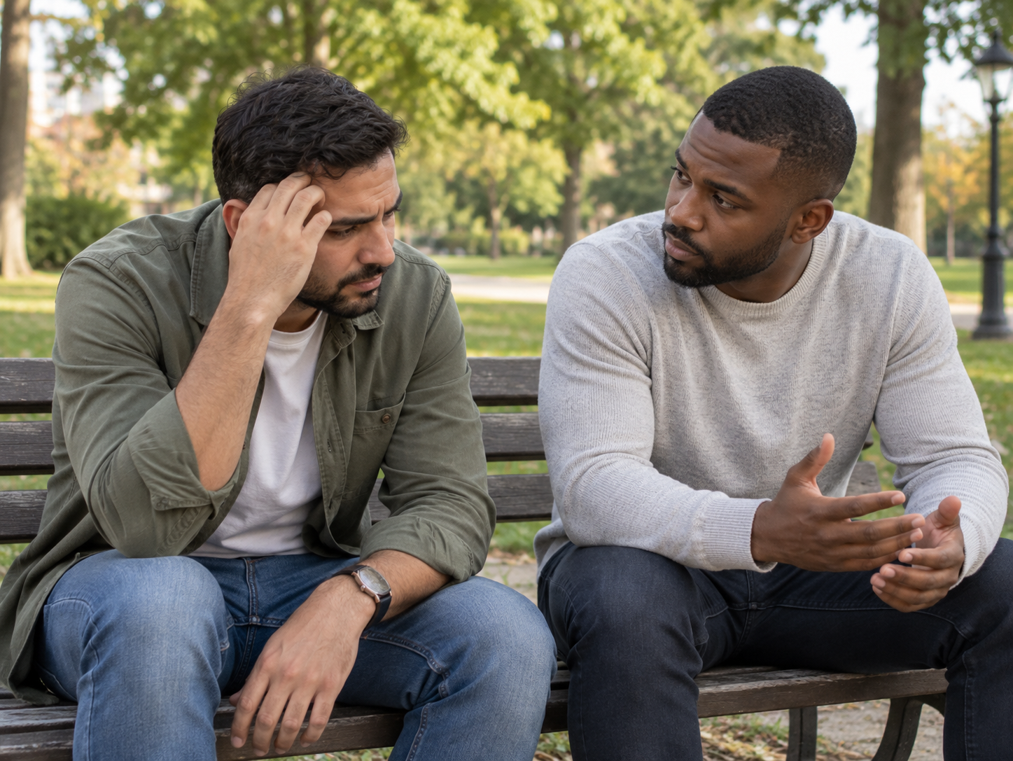 Two men talking seriously on a park bench, with one offering support while the other looks worried and confused