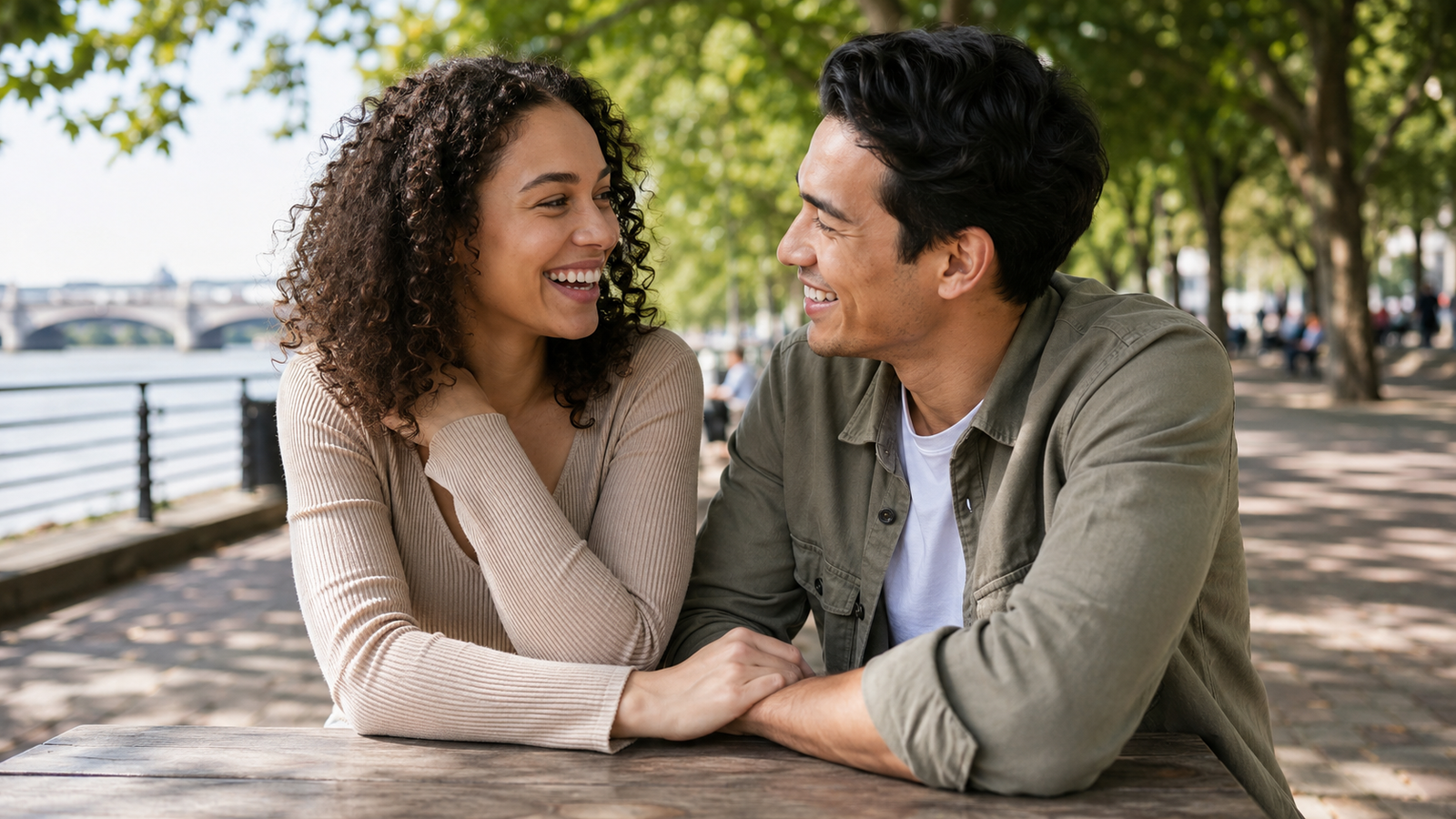 Mixed-ethnicity couple laughing together during a relaxed riverside date.