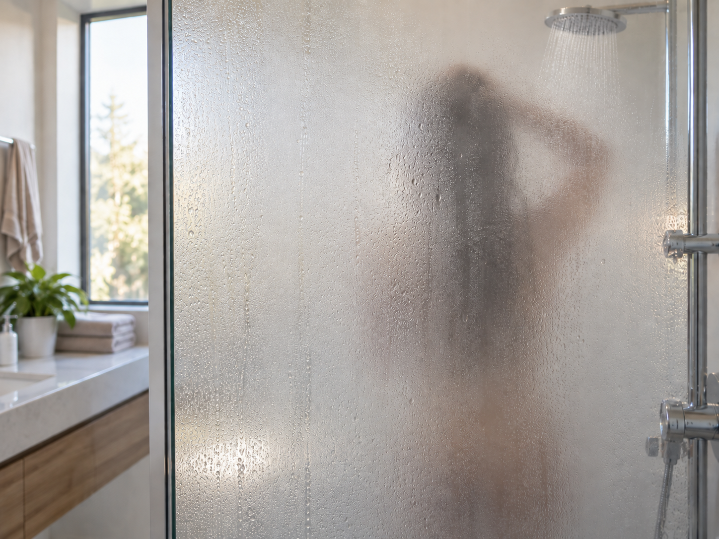 Silhouette of a person behind heavily steamed shower glass representing privacy and caution when sharing intimate images.