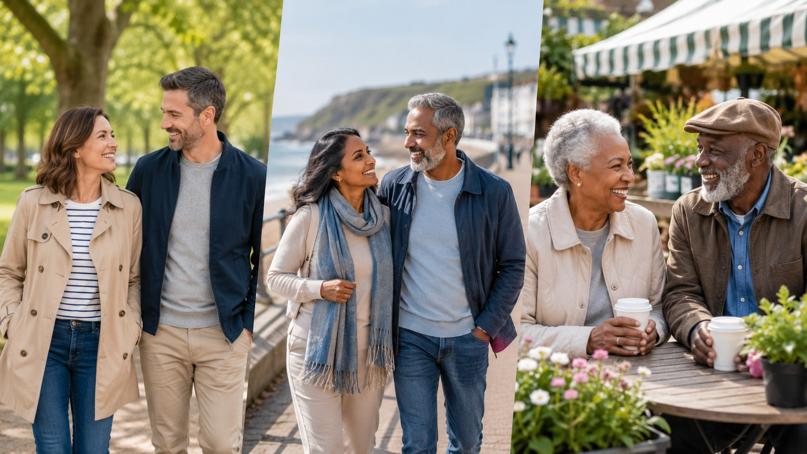 Three couples in their 40s, 50s and 60s enjoying relaxed dates in different outdoor settings.