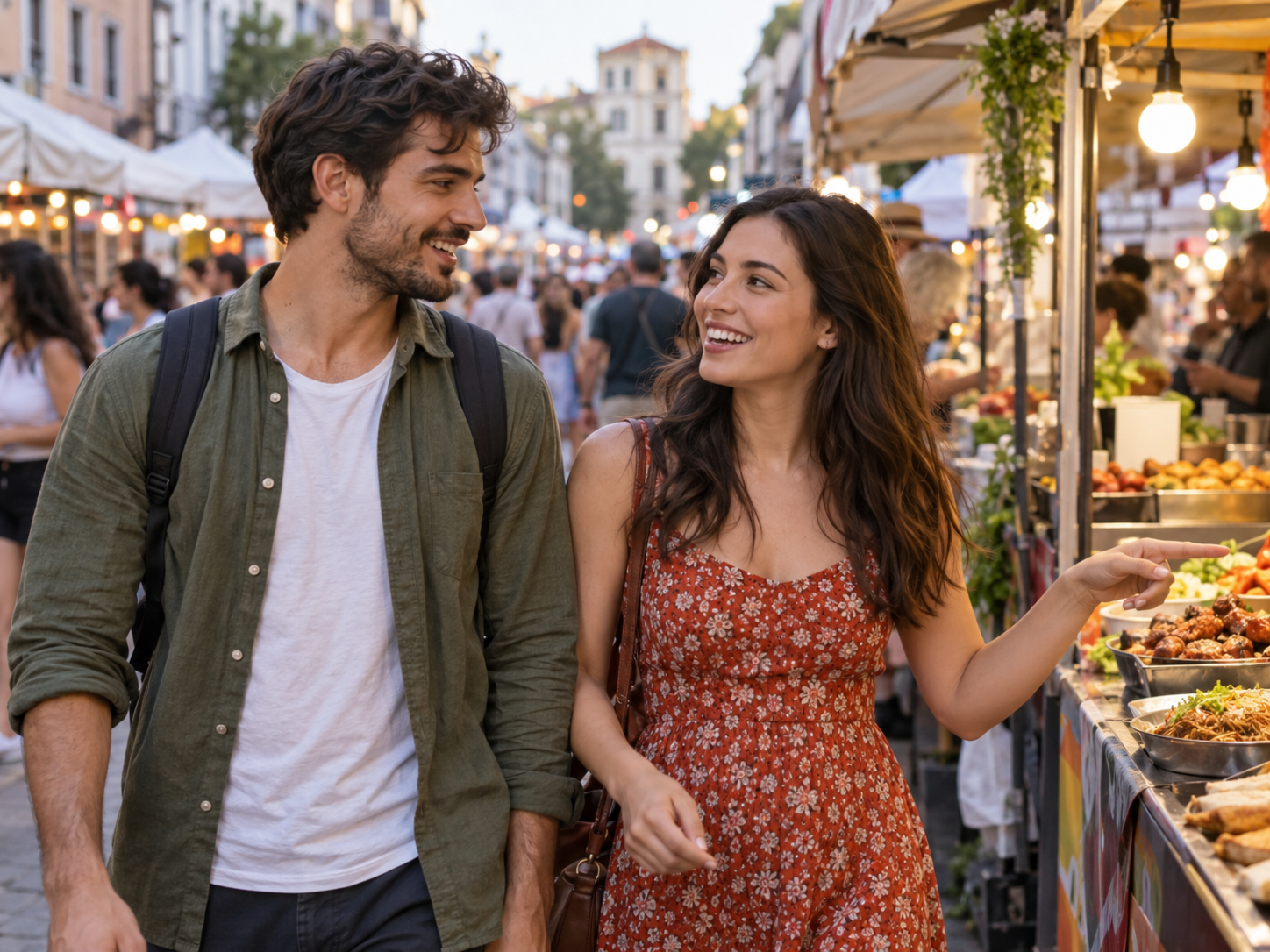 Two people walking through a busy street market and chatting about the food stalls on a first date